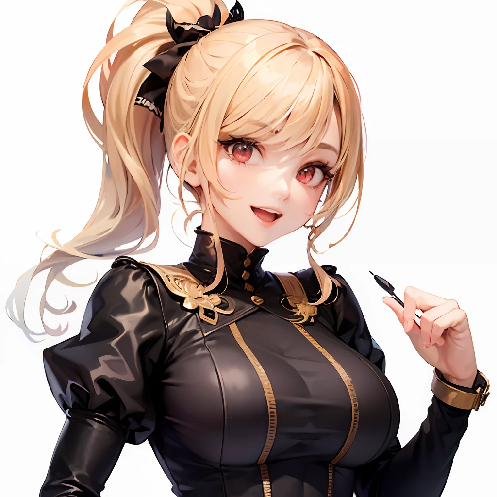 1girl, blonde hair, ponytail, hair, red eyes, open mouth, light smile, looking at viewer, standing, hand drill,  upper body, large breasts, mature female, (white background, simple background:1.5), ((masterpiece, best quality, extremely detailed))