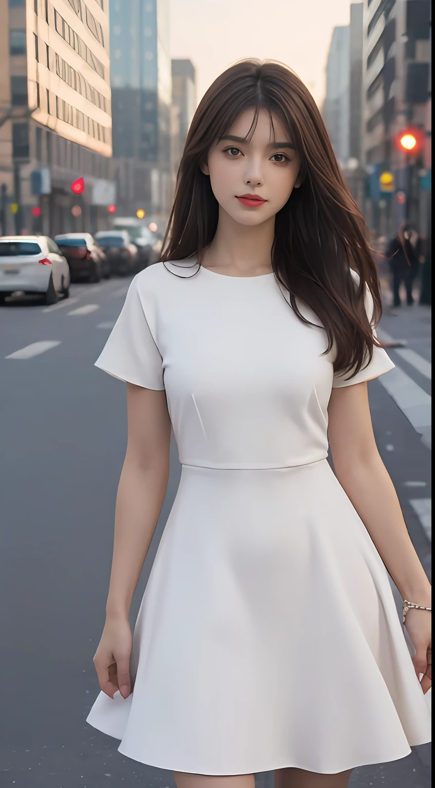 ((Realistic lighting, Best quality, 8K, Masterpiece: 1.3)), Focus: 1.2, 1girl, Perfect Figure: 1.4, Slim Abs: 1.1, ((Dark brown hair)), (White dress: 1.4), (Outdoor, Night: 1.1), City streets, Super fine face, Fine eyes, Double eyelids,