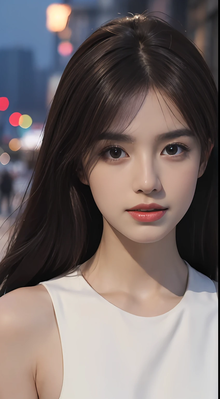 ((Realistic lighting, Best quality, 8K, Masterpiece: 1.3)), Focus: 1.2, 1girl, Perfect Figure: 1.4, Slim Abs: 1.1, ((Dark brown hair)), (White dress: 1.4), (Outdoor, Night: 1.1), City streets, Super fine face, Fine eyes, Double eyelids,
