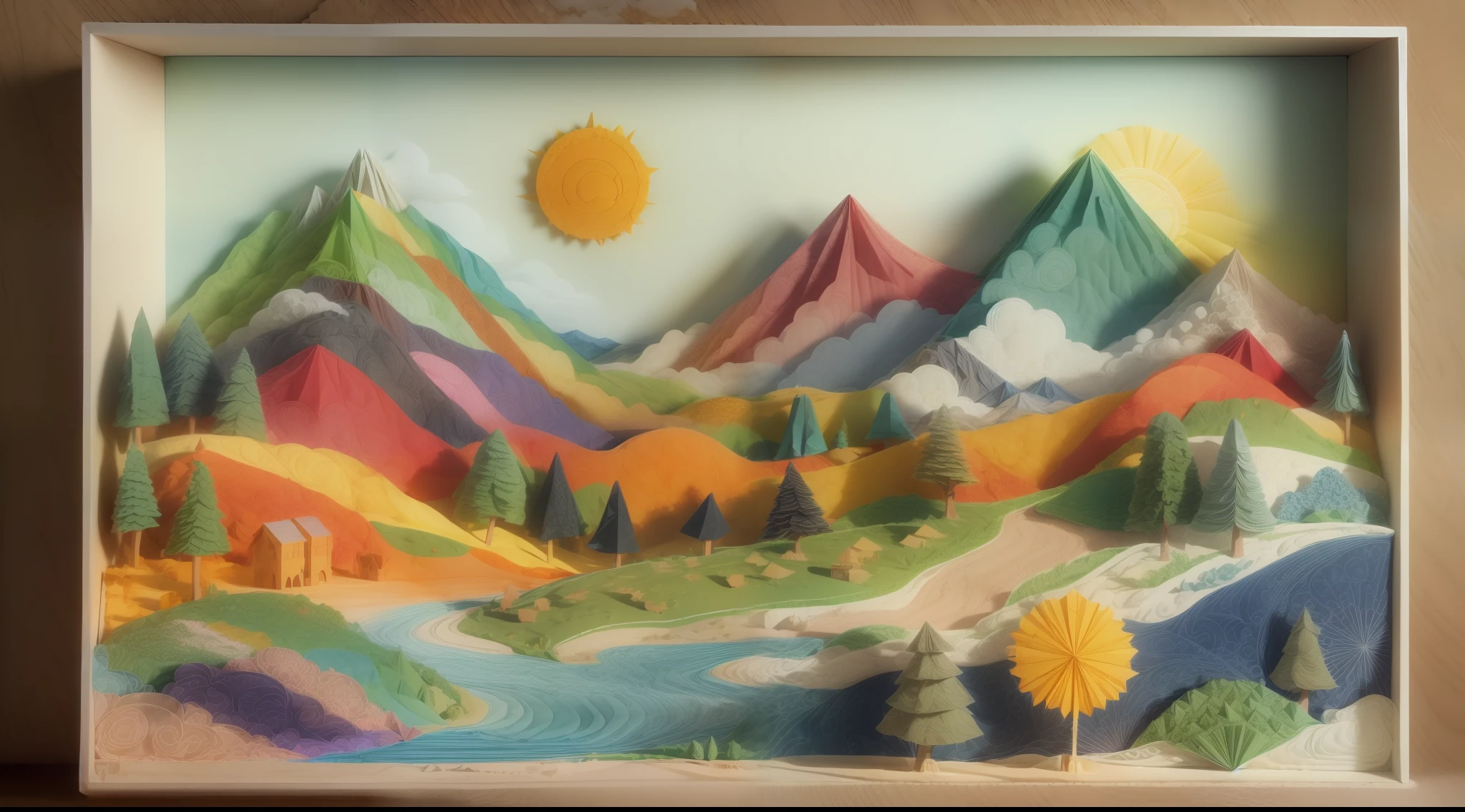 (sandbox:1.4),Movie Angle,(Sun, White clouds, Mountains, ln the forest, rivers),(paper art,Quilted paper art,geomerty),(Extremely colorful, Best quality, high detal, Masterpiece, Cinematic lighting, 4K, Chiaroscuro)