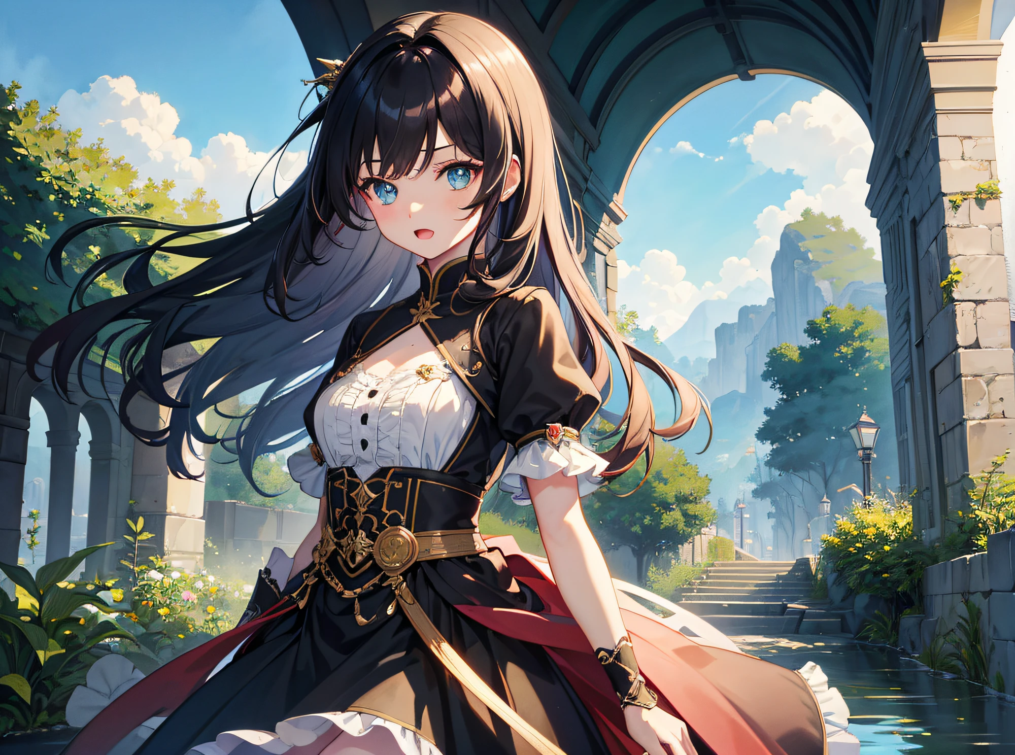 hyper detailed illustration ,superfine illustration, ((((masterpiece)))), High quality, very_high_resolution, Large_filesize, fulcolor ,Very cute and beautiful girl,Very cute and beautiful anime face and eyes, Very delicate eyes,eye shadow,Female, 年轻,20 years old, Medium hair, Solo, 1 girl, pale skin , Waist to head, multicolored hair(verdant Dark green Brownish)、Cute short sleeves、Open mouth, small tits, arms behind back, watercolor paiting、Beautiful background,nigh sky、Fantastic background、
