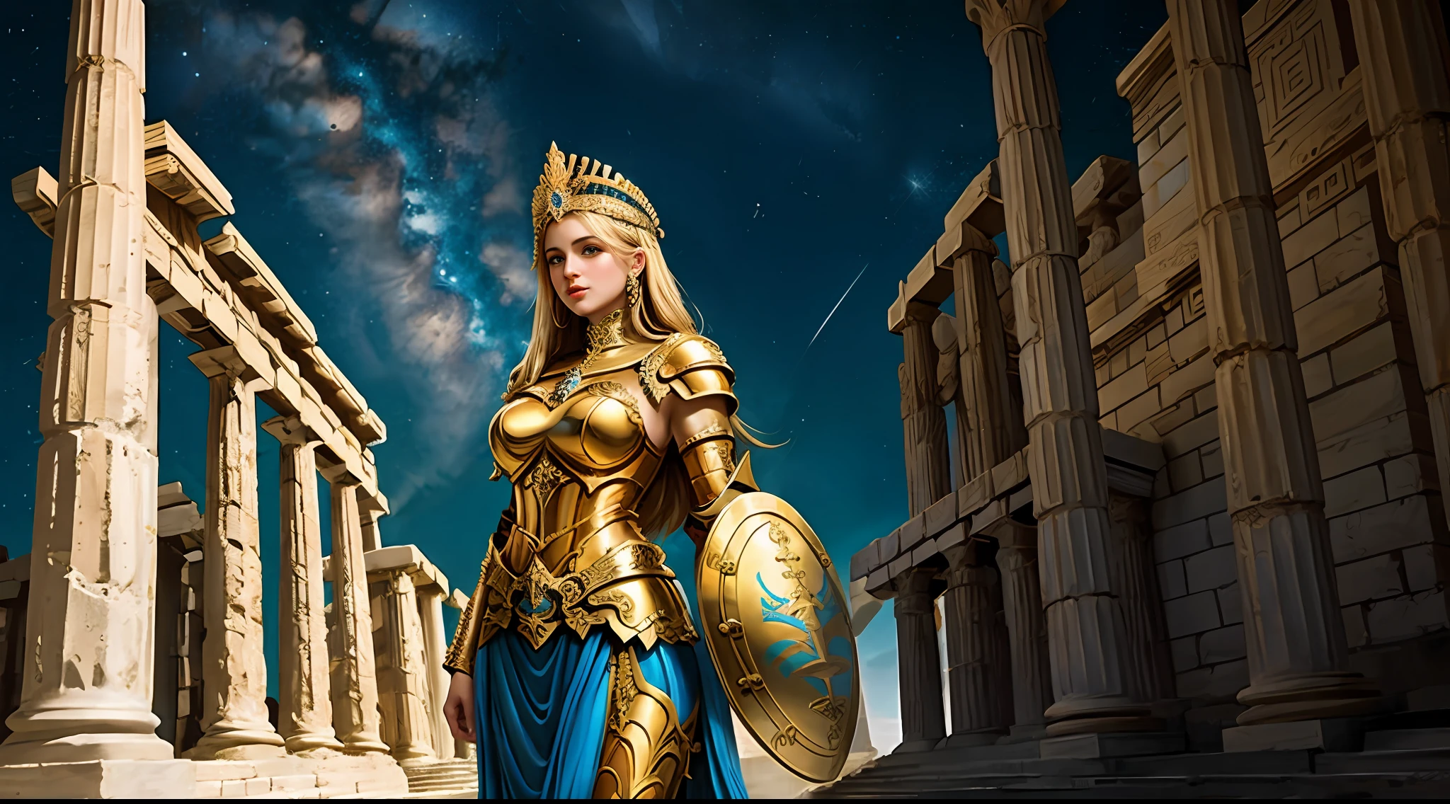 （full bodyesbian：1.2），（tmasterpiece）， （best qualtiy：1.4）， [：intricately details：0.2]， Goddess of War，Large breasts，Heavy golden armor，Holding a shield，complex patterns，Greek temple，dramatics，dynamicposes，the night，Starcloud，extreme light