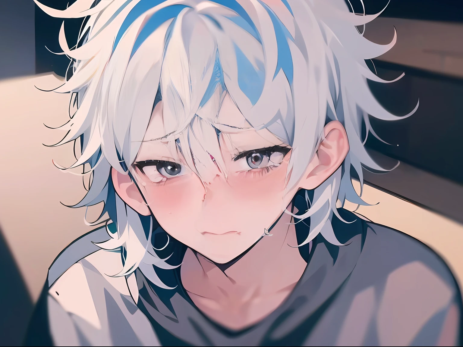 (anime styled+soft cute)male child、White-eyed、Dark hair、saddened+weeping、a closeup、tears。