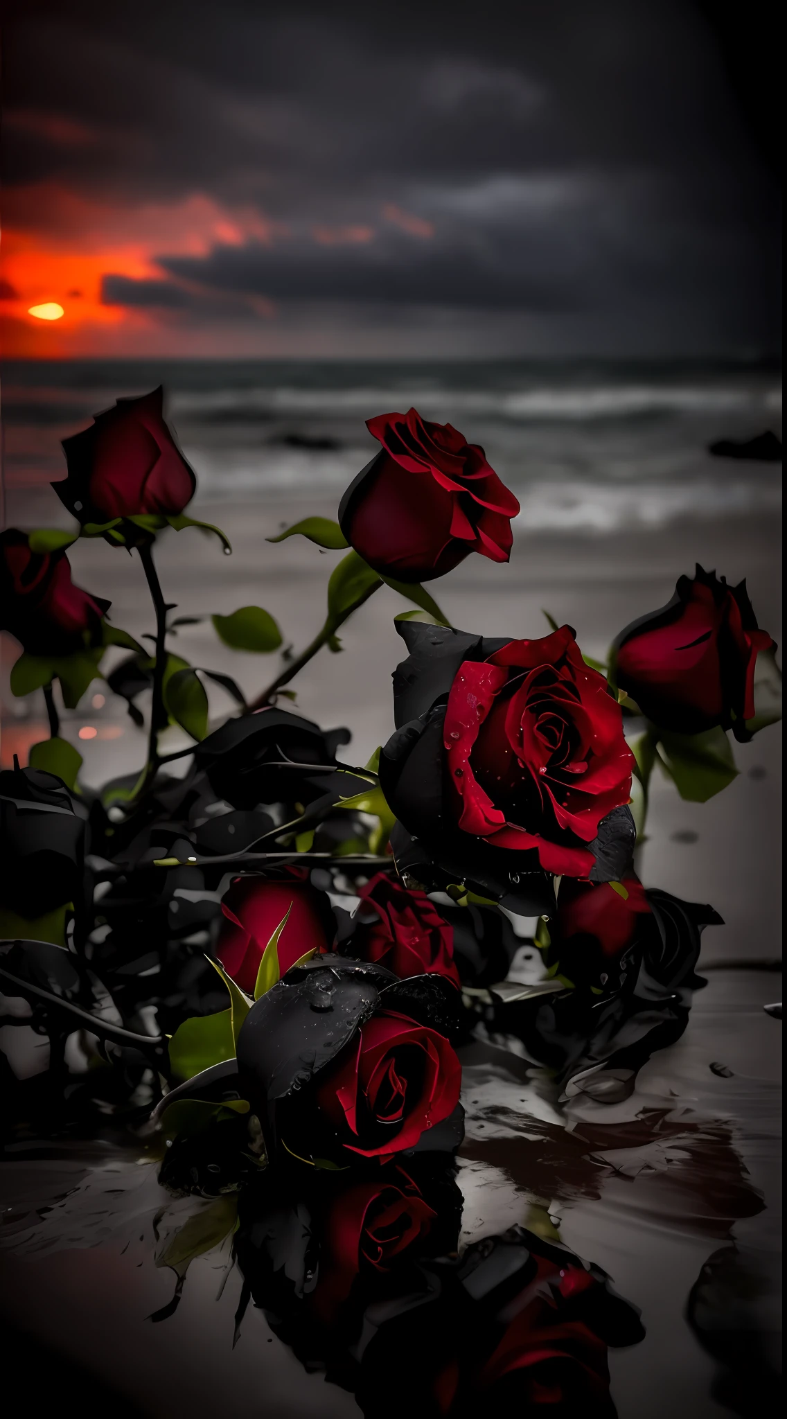 Drops of roses on the beach, Black roses, roses in cinematic light, rosses, Red roses, black roses, rosette, Gothic romance, alexey egorov, black and red, a few roses, she is the queen of black roses, Romantic!!!, author：Svetlin Villinov, Dark beauty, dark flowers