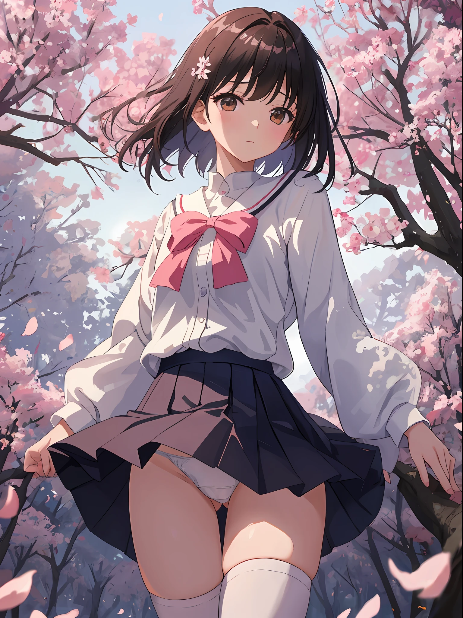 [[anime styled]]、[[digitalart]]、[[wlop]]、College girl in white blouse with long sleeves、[[Short Chanel]]hair、[[The cherry tree]]Forest background、murky、Neutral Lighting、[[Little lighting]]、The wind blows and the skirt is visible, Glimpses of underwear、Underwear can see through、posterior view、Enlarge the buttocks、Looking up from the ground