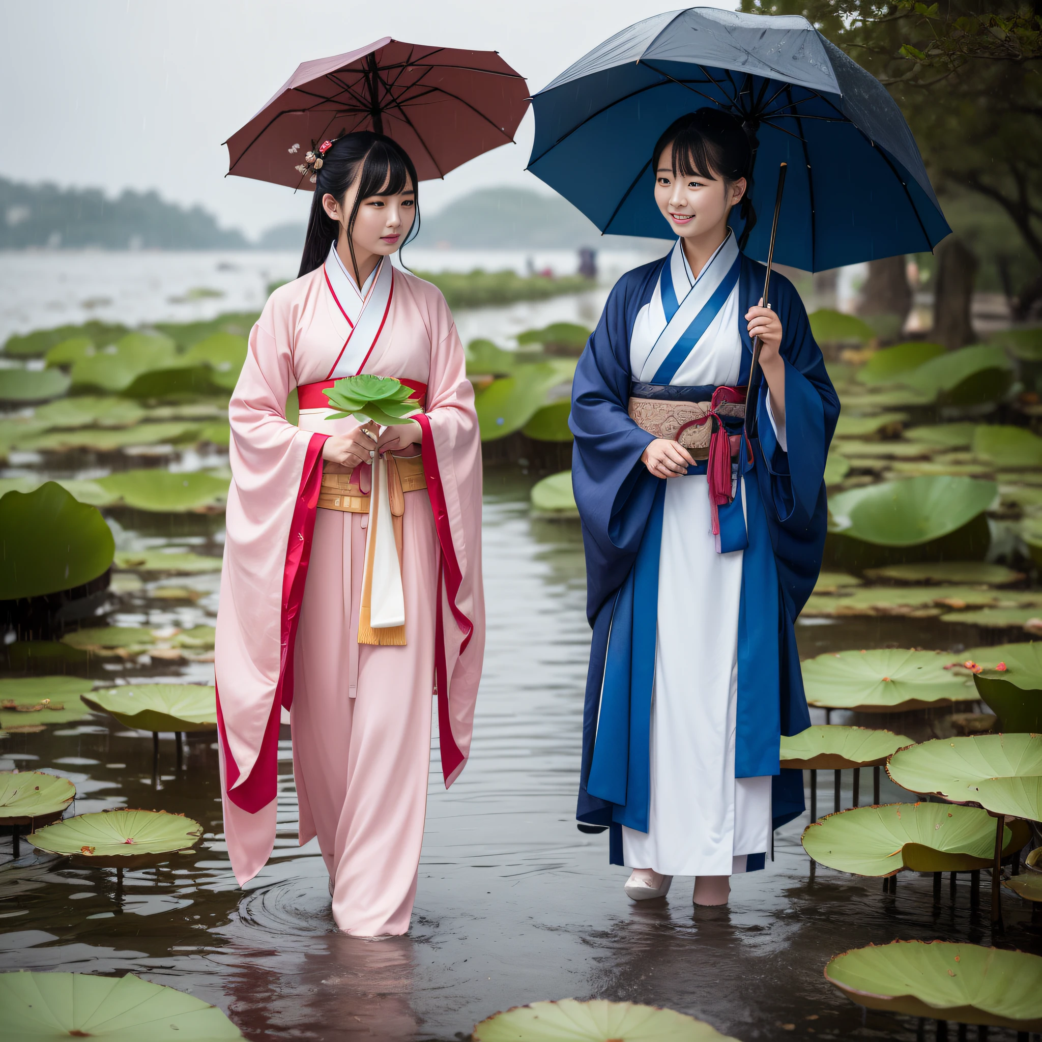 On a rainy day,Hanfu woman standing on the shore picking lotus flowers,Next to her, Another woman held an umbrella for her。