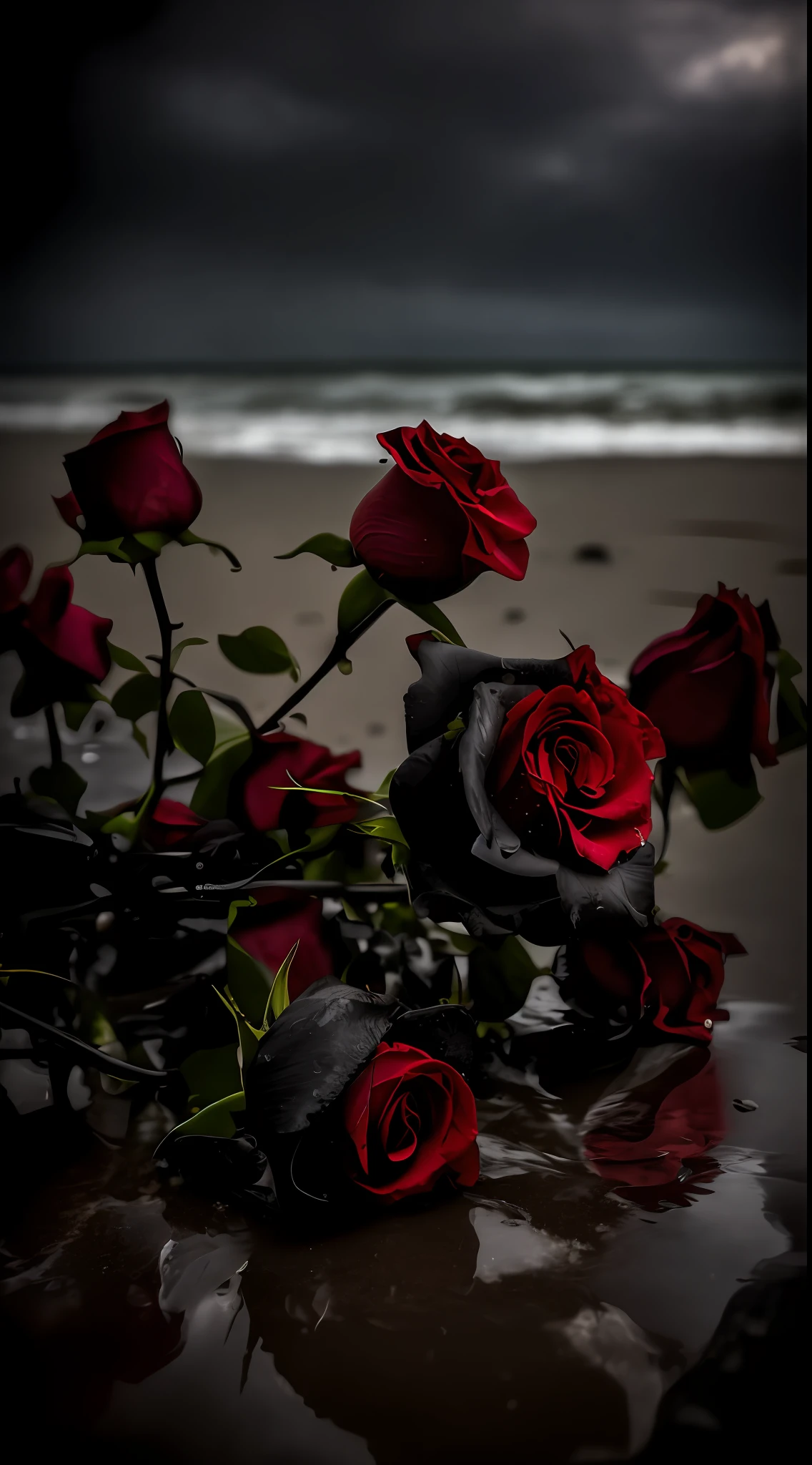 Drops of roses on the beach, Black roses, roses in cinematic light, rosses, Red roses, black roses, rosette, Gothic romance, alexey egorov, black and red, a few roses, she is the queen of black roses, Romantic!!!, author:Svetlin Villinov, Dark beauty, dark flowers