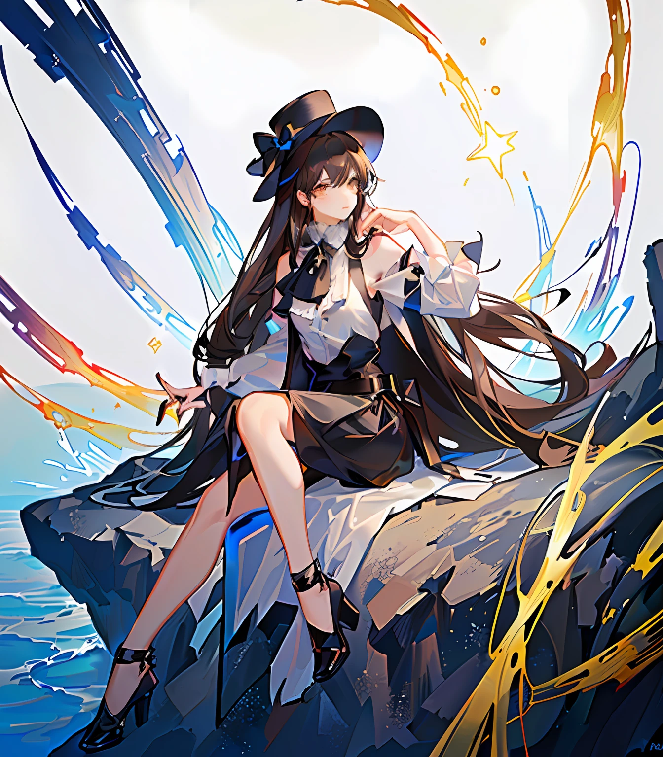 Handsome girl,long whitr hair,Black top hat,black toga,Brown vest,White color blouse,Black pantsuit,nigth,A sky full of stars,meteors,sea surface,Sit on the railing,Blue light,brown hair
