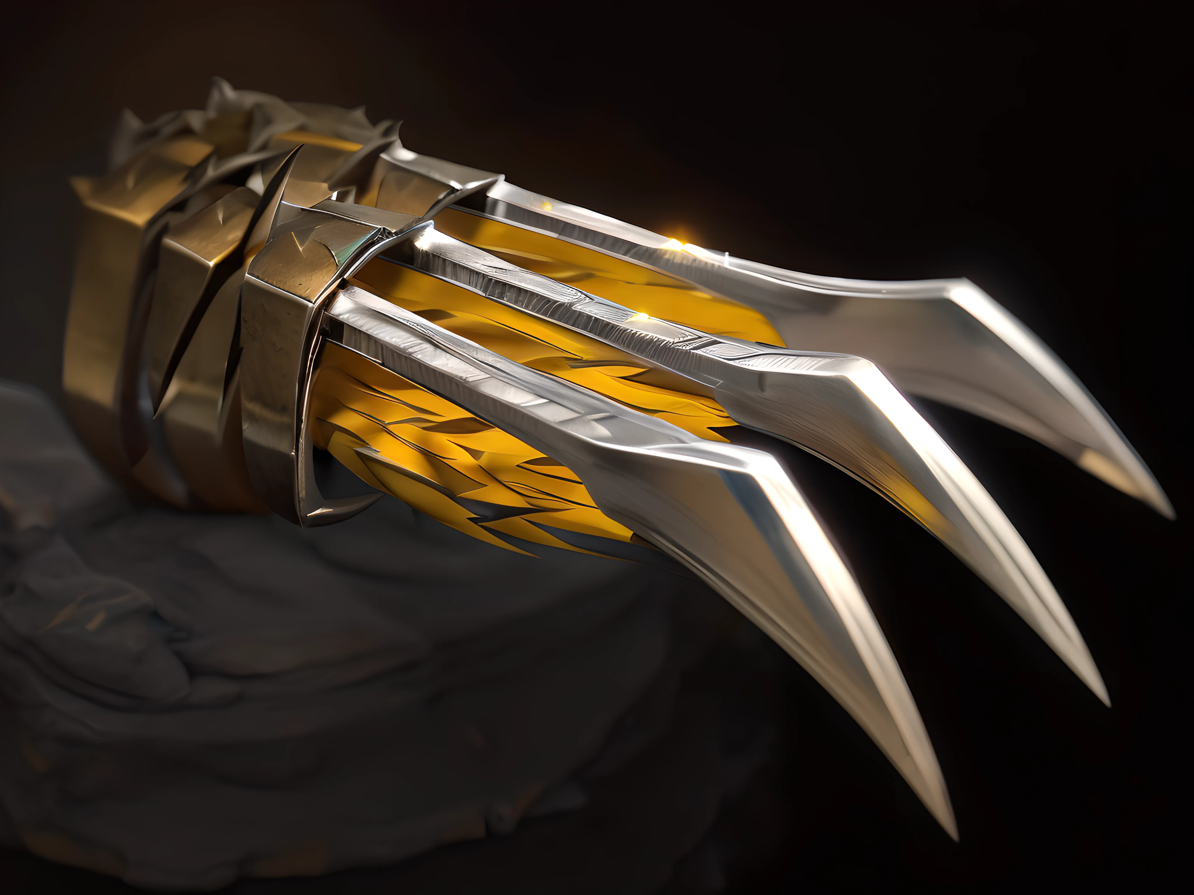 Close up of a pair of paws on black background, Delicate and sharp metal claws, Stainless steel claw,Sharp metal claws, Metal claws, sharp detailed claws, iron claws, Close-up of sharp claws, Sharp claws, Sharp hand claws, Sharp dragon claws, sharp metal dragon claws, Dragon claws, Bat claw, 6 claws, Detailed claws, Both arms have sharp claws