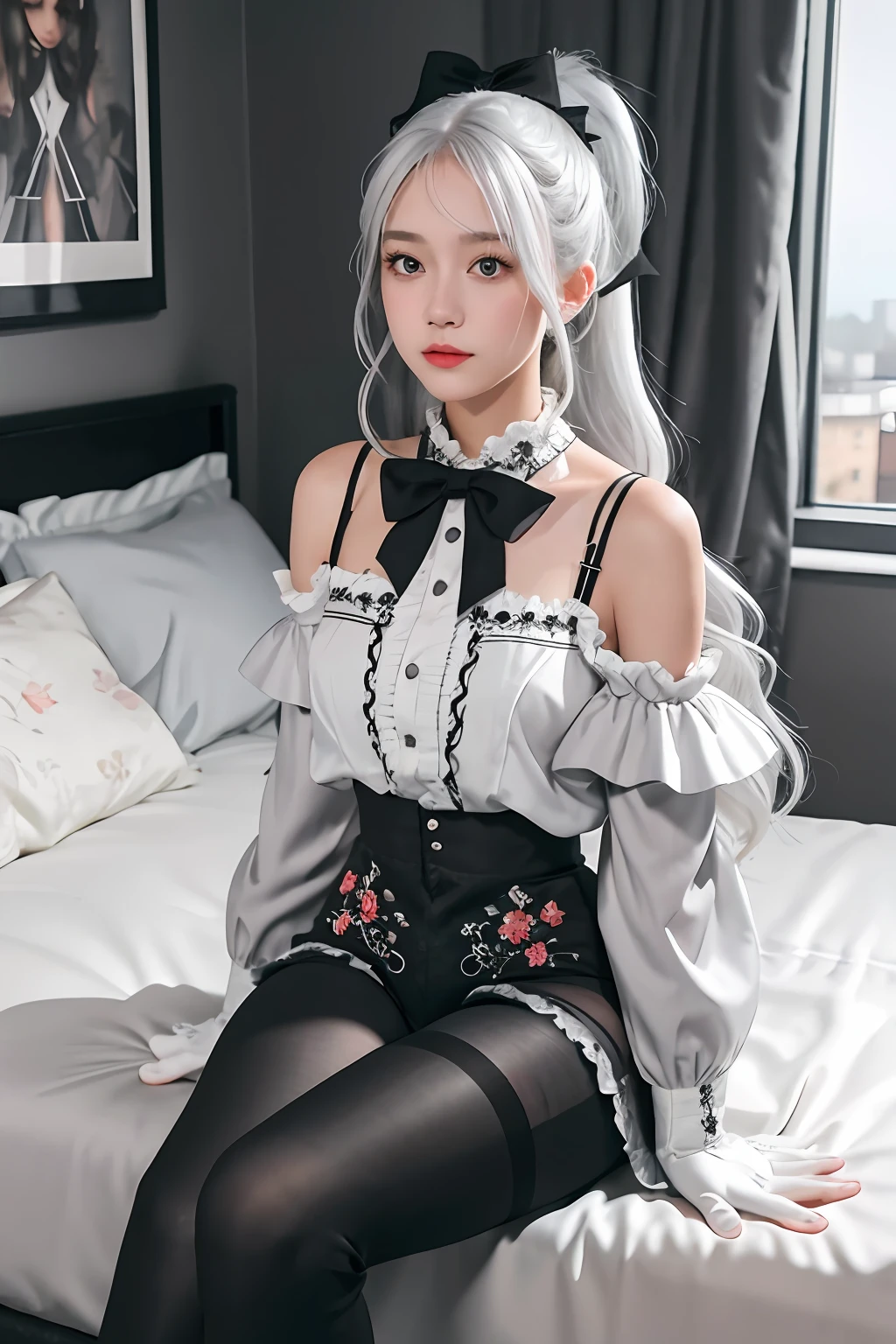 (((1 girl)),ray tracing,(dim lighting),[detailed background (bedroom)),((silver hair)),((silver hair)),(Fluffy silver hair, plump slender girl)) with high ponytail)))) Avoid blonde eyes in the ominous bedroom ((((Girl wears intricately embroidered black high-waisted pants with pantyhose) and white ruffled bow gloves), showing a delicate slim figure and graceful curves, correct limbs, sitting on the bed