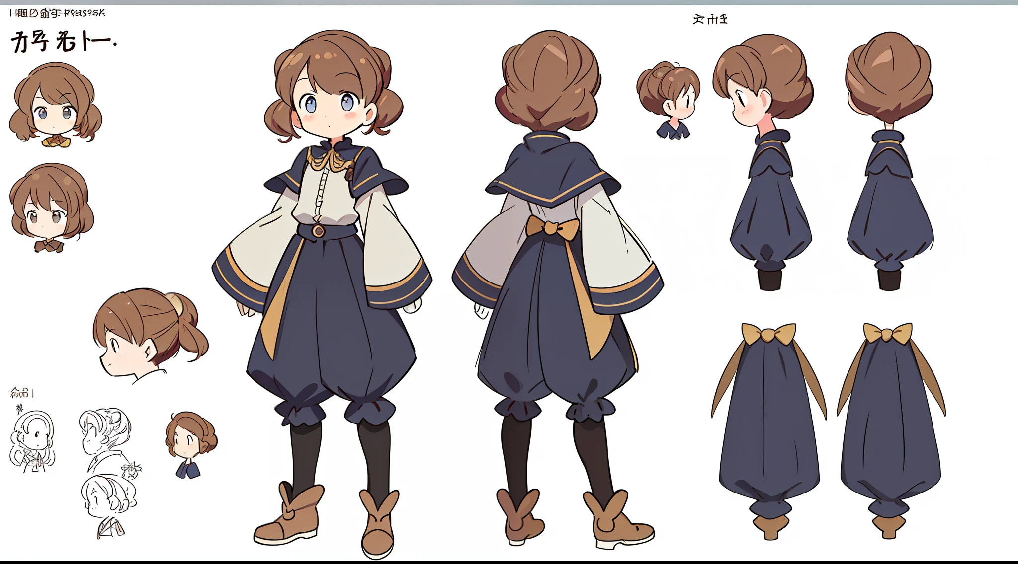 ((masterpiece)),(((best quality))),(character design sheet, same character, front, side, back), illustration, 1 girl, Random character, charturnbetalora, concept art, character concept art, character sketch, reference sheet, character sheet, (simple background, white background: 1.3)