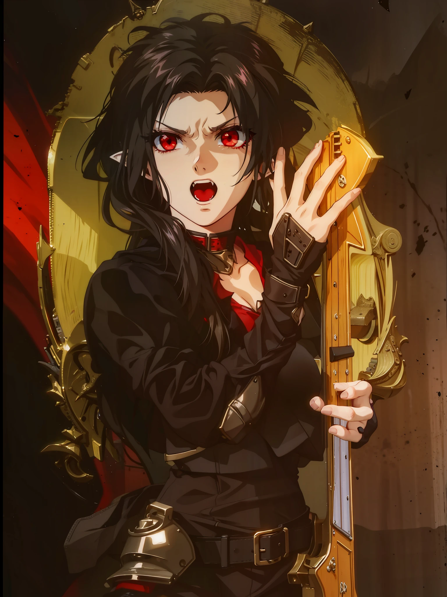 Girl,pointy ears,red eyes,dressed in armor,vampire,4k, holding a guitar