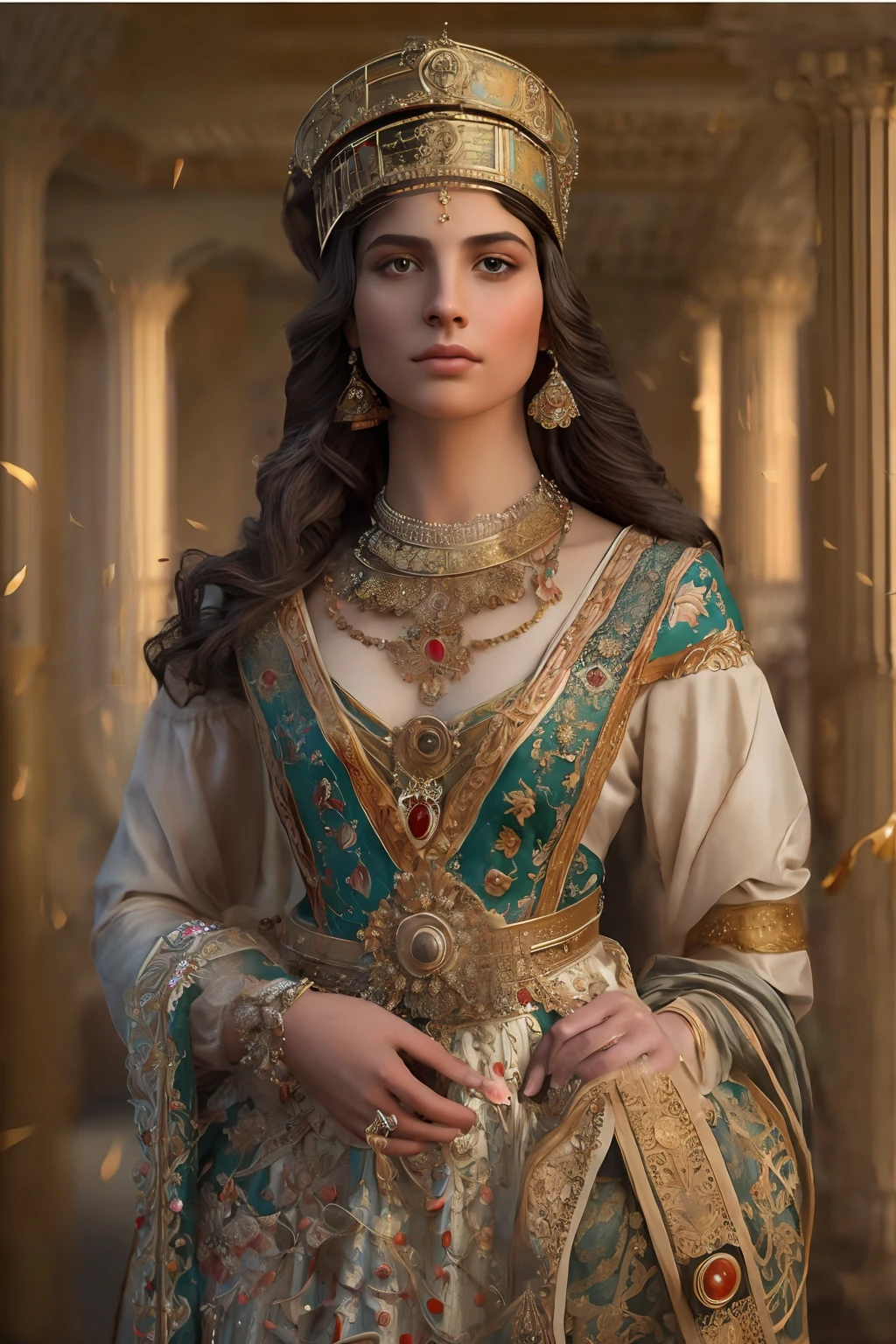 princess with extraordinary beauty in clothes from the period 486 and 465 BC. of Persia in a palace of that era, photographic style in high quality, in high realism, sharp focus, studio shot, highly detailed, unreal mechanism, cinematic style, 8k
