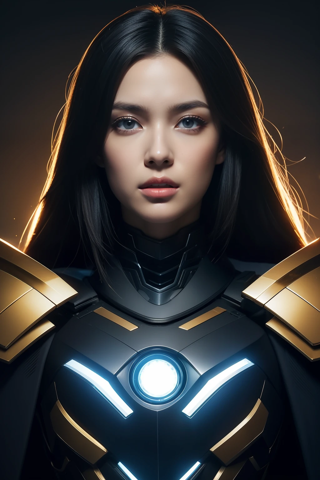Exoskeleton mech，afofuturism，Gold and red theme style，offcial art，Unity 8k wallpaper，Hyper-detailing，Master masterpieces，，Best quality at best，A woman who is，（The is very detailed），（RAW photos，best qualtiy），（Realistis，realisticlying：1.3），High- sharpness，Open Your Mouth Lightly，Ultra detailed complex 3D rendering of the face，，（highly detailedskin：1.2），），Beautiful Caucasian Woman，Soft breasts and fair skin ，Black color hair，eBlue eyes，long whitr hair，，dynamic angle，Mysterious expressions，fire glow effect，Fantasy background，edge lit，Side brightness，cinematric light，hyper HD，8K，filmgrain，Best shadow，light particules，detailed skin textures，Detailed jewel armor texture，detailed face with，with intricate detail，ultra - detailed，brightly，sturdy，Silver armor，，Slender abs， have glowing weapons，Mech shield，pole，（Beautiful huge mech crown with details）），shinning eyes，long cape，fanciful,,,,,（Realistis），