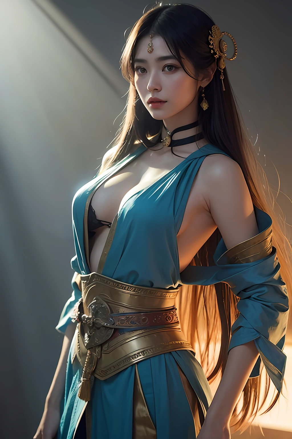 1girl, Dunhuang Flying Apsaras costume, messy long hair, Ji Jian, Dunhuang style, a lot of smoke, superb, elegant colors, (realistic, high detail, masterpiece, super detailed, dynamic angle, mural background, ink wash, amazing, movie lighting, illustration, chiaroscuro, backlighting, god rays, holland, best quality, best quality