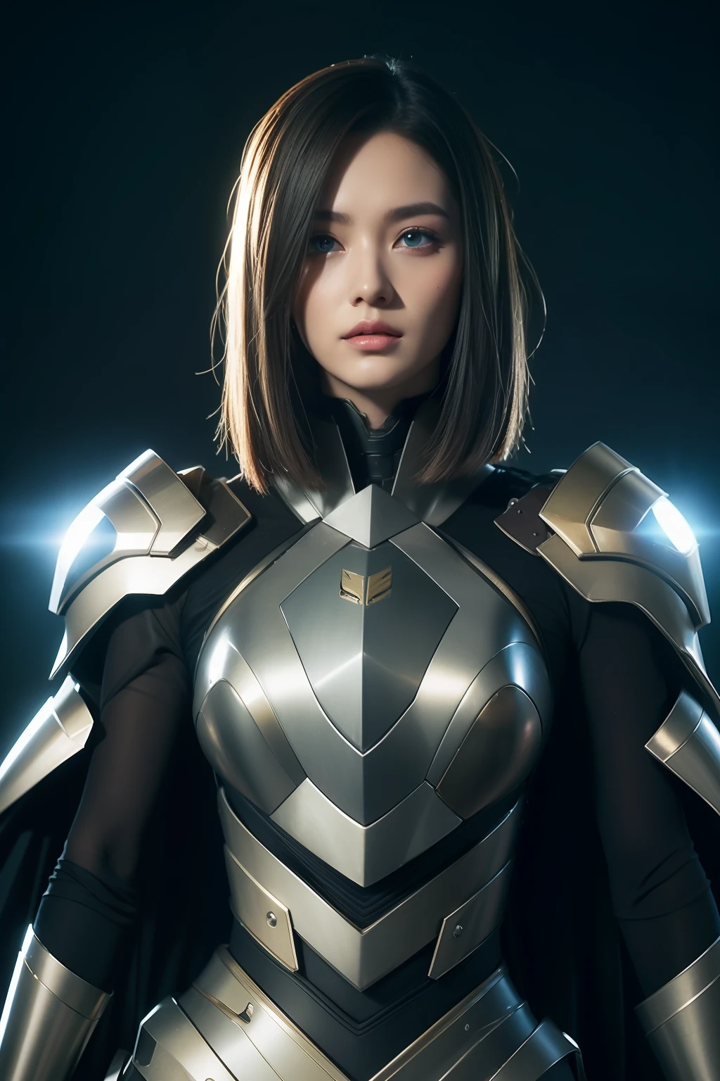 Exoskeleton mech,afofuturism,Gold and red theme style,offcial art,Unity 8k wallpaper,Hyper-detailing,Master masterpieces,,Best quality at best,A woman who is,(The is very detailed),(RAW photos,best qualtiy),(Realistis,realisticlying:1.3),High- sharpness,Open Your Mouth Lightly,Ultra detailed complex 3D rendering of the face,,(highly detailedskin:1.2),),Beautiful Caucasian Woman,Soft breasts and fair skin ,Black color hair,eBlue eyes,long whitr hair,,dynamic angle,Mysterious expressions,fire glow effect,Fantasy background,edge lit,Side brightness,cinematric light,hyper HD,8K,filmgrain,Best shadow,light particules,detailed skin textures,Detailed jewel armor texture,detailed face with,with intricate detail,ultra - detailed,brightly,sturdy,Silver armor,,Slender abs, have glowing weapons,Mech shield,pole,(Beautiful huge mech crown with details)),shinning eyes,long cape,fanciful,,,,,(Realistis),