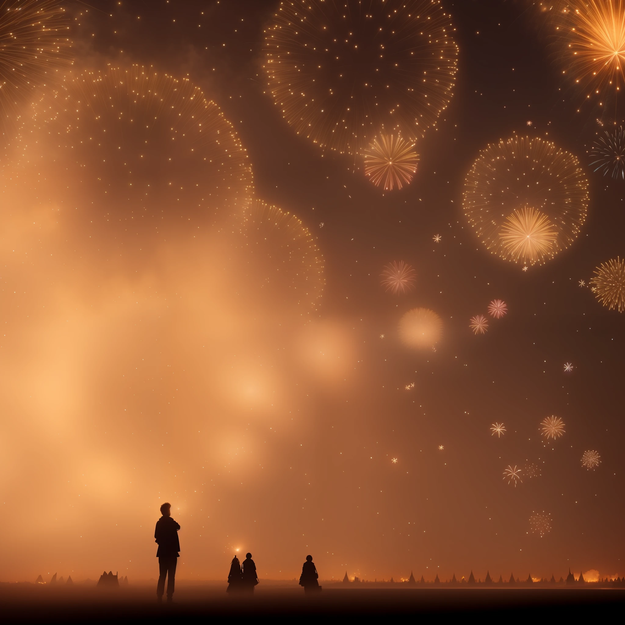 Fireworks lit up in the sky、a person々Watch over, Magnificent and wonderful atmosphere, Mike Winckelmann, amazingly epic visuals, inspired by Mike Winkelmann, Magic particles in the air, Burning Mann Nevada, intricate sparkling atmosphere, Complex and epic composition, Burning Man, Very grand atmosphere, Fire particles, Realism | beeple, absolutely outstanding image