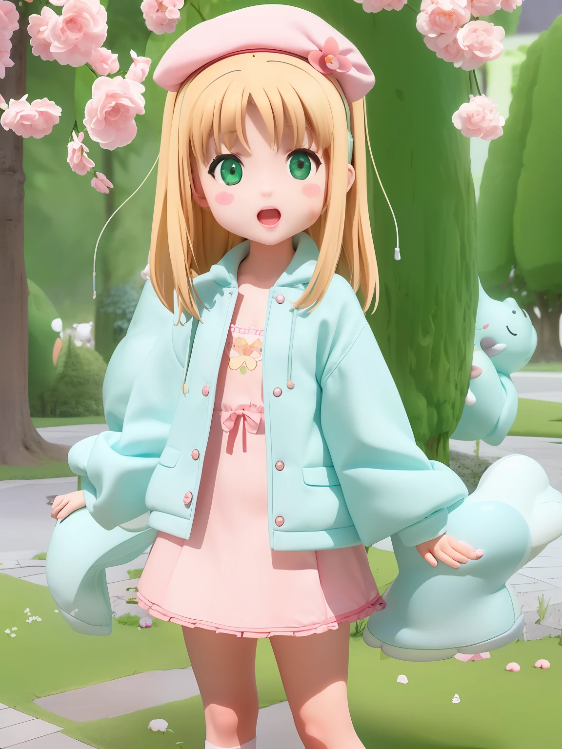 (masterpiece)、(top-quality)、(ultra-detailliert)、(full bodyesbian:1.2)、女の子1人、Chibi、cute little、a smile、open open mouth、florals、plein air、Playing guitar、music、beret、Have a guitar、jaket、red blush、The tree、:3、The shirt、short-hair、I am drawing an illustration with a serious expression in front of the computer、cherry trees、Green Hat、Blurring、Brown hair、blush stickers、long-sleeve、bangss、headphones、A dark-haired、pink flowers、(beautifull detailed face)、(beatiful detailed eyes)、
