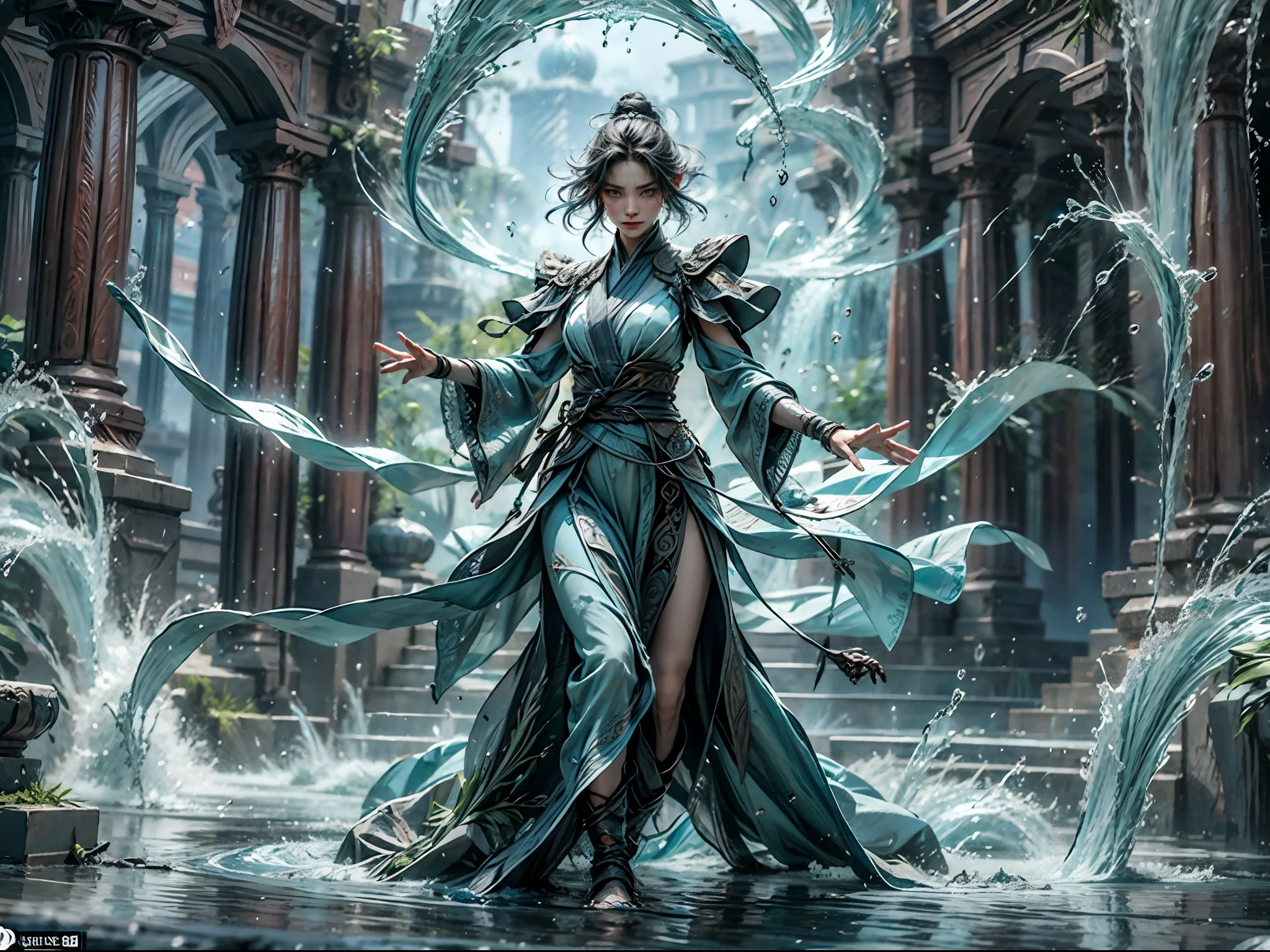 a beautiful demonic sorceress conjuring water casting a water spell,standing and looking at viewers, various water chains around her,(((detailed perfect face))),light smile, beautiful face, seductive body,tall body, mature body, BREAK water aura, water spear, water balls , water flow through her body, floating with a movement of her hand, blue transparent water splash dazzling around, water phoenix flying in the background, pure water on the ground just enough to cover her feet, water bender, floating water, water flows freely in the air,sexy body BREAK,Detailed,Realistic,4k highly detailed digital art,octane render, bioluminescent, BREAK 8K resolution concept art, realism,by Mappa studios,masterpiece,best quality,official art,illustration,ligne claire,(cool_color),perfect composition,absurdres, fantasy,focused