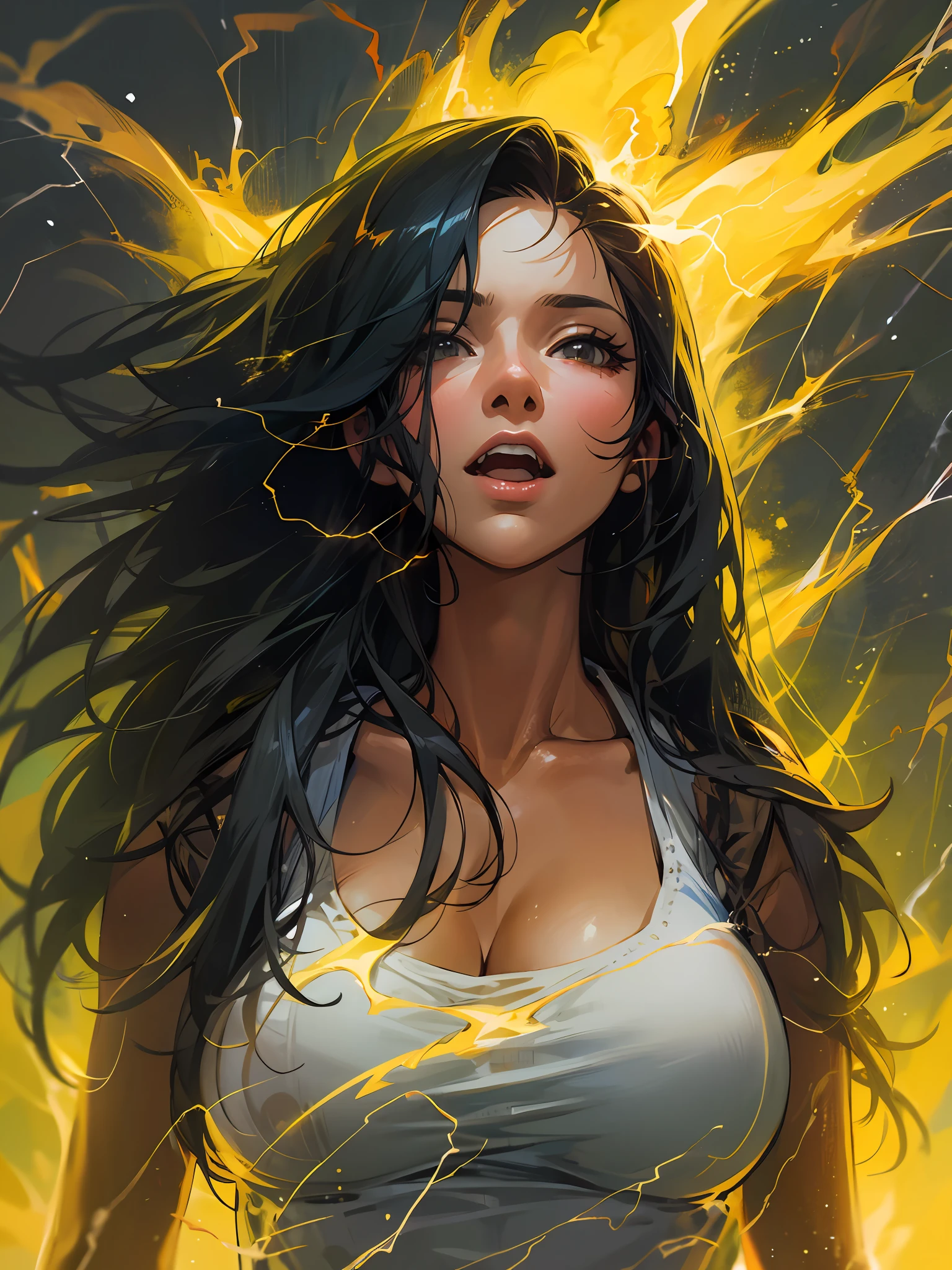 Brazilian woman full of passion, Long black hair with hair, Wearing a white vest, (Yellow lightning effect around her), Large of breast,