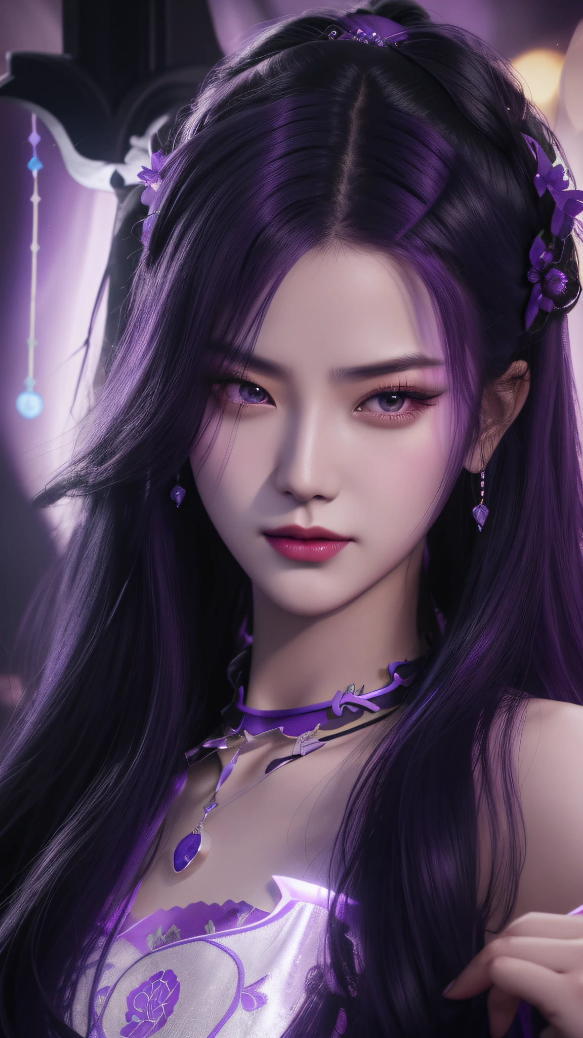 Close-up of a woman with long hair in a purple dress,black color hair, Purple hair accessories,choker necklace,Dark blue dress,xianxia fantasy, (light source on left,warm lights),Game CG, full-body xianxia, Yun Ling, xianxia hero, trending on cgstation