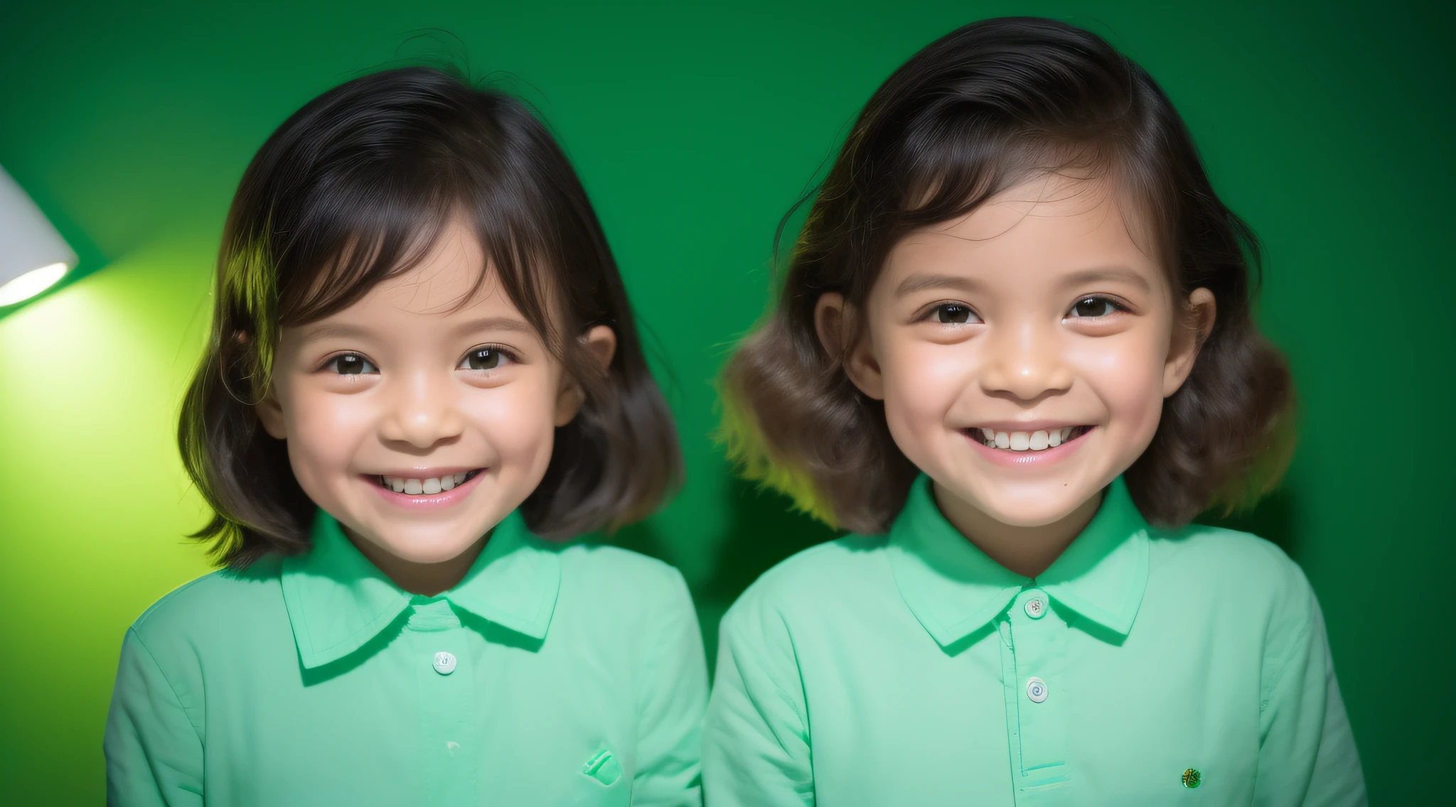 Estilo moderno, fundo branco, children's identification photo, bonito, sorridente, olhos escuros, cabelo curto, gravata borboleta, claro, de alta qualidade, soft green lights in children's hair.