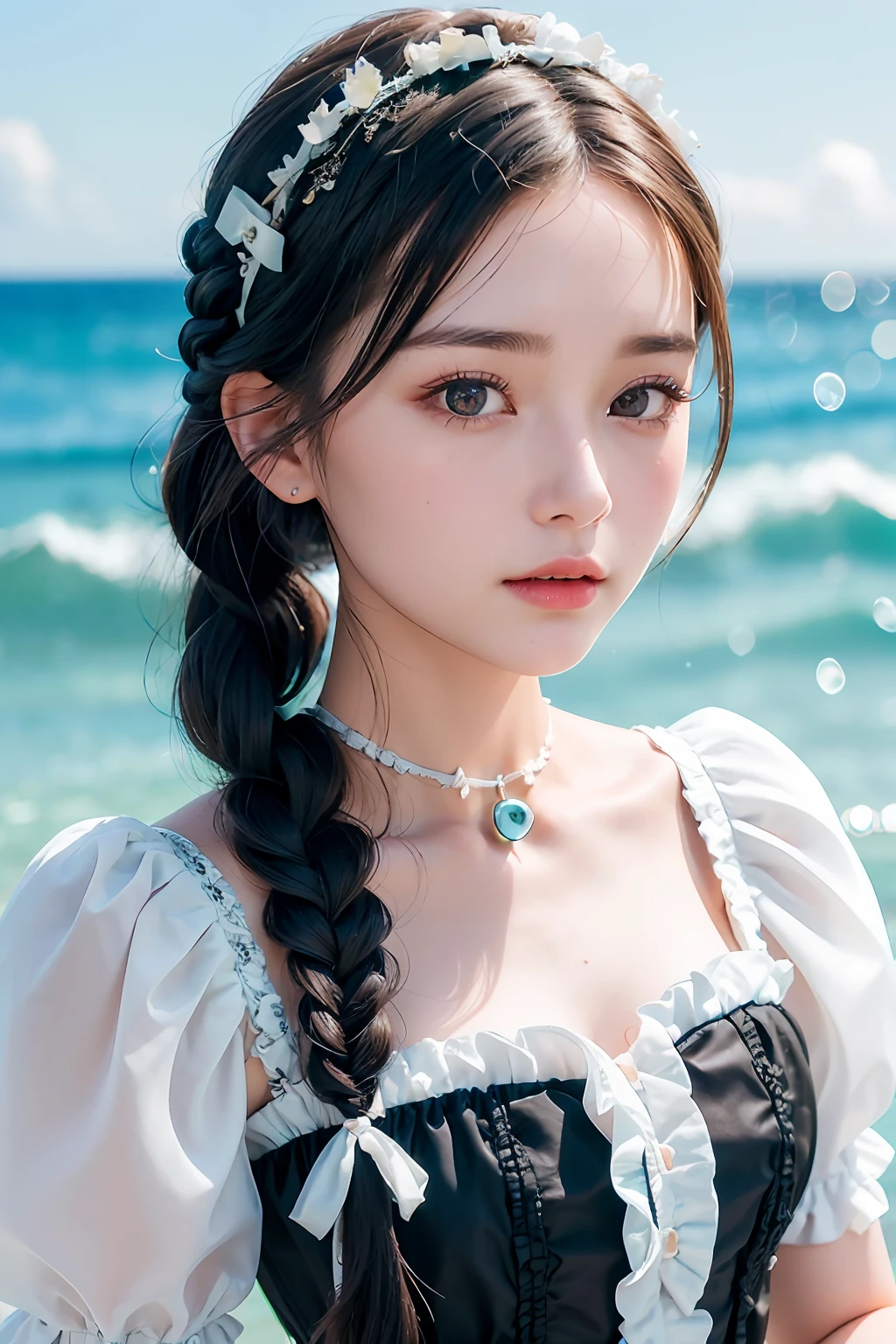 best quality, ultra hi res, photoreaslistic, a photography of a beautiful woman, 30yo age, detailed face, black Messy fishtail braid, (detailed porcelain doll,delicate clothes with a lot of frills and ribbons), Beach, (face close up), seductive look, looking at viewer