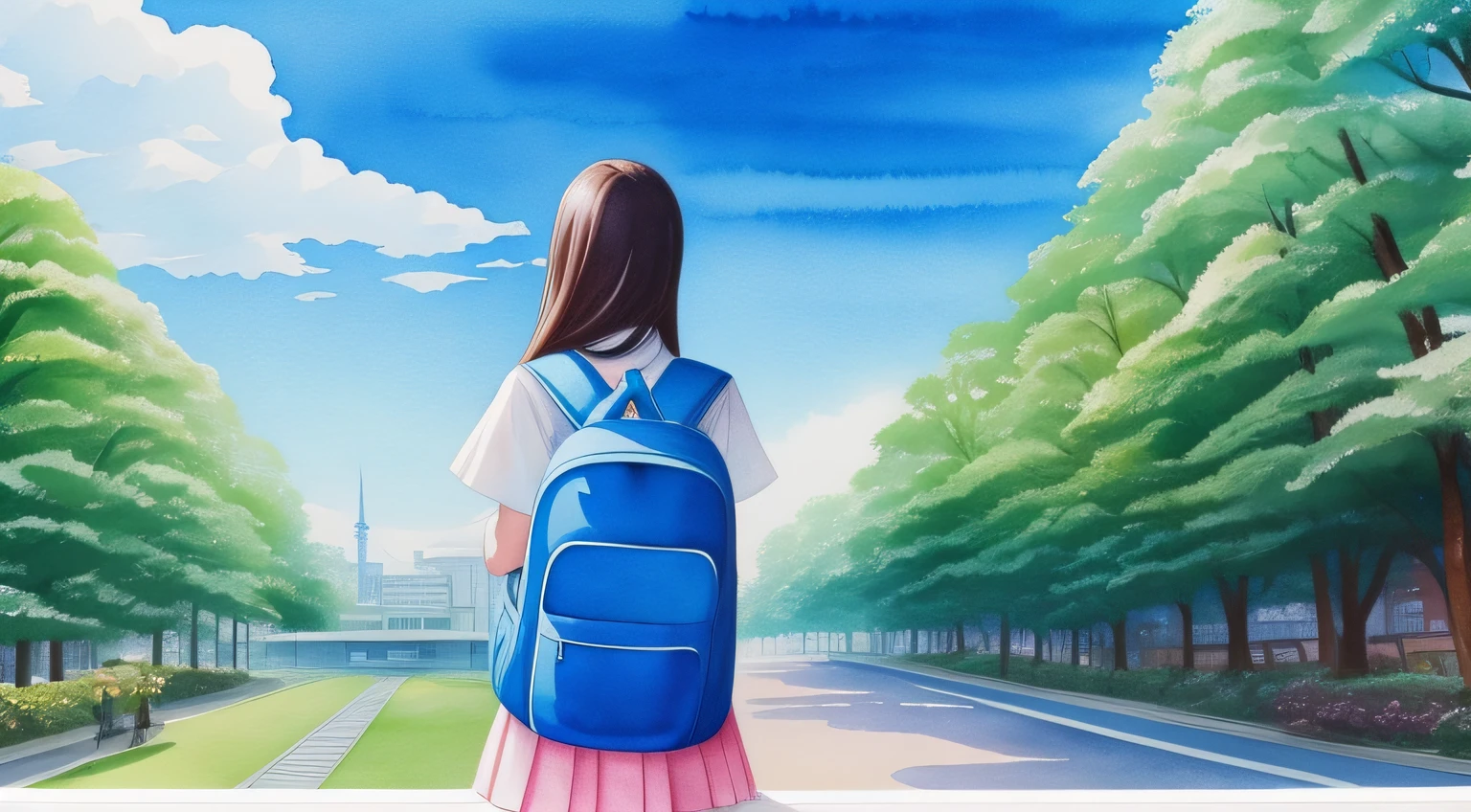 High school girl looking up at the blue sky of Shibuya,Blue Backpack,posterior view,top-quality, Mystical fantasy, solitude,watercolor paiting,