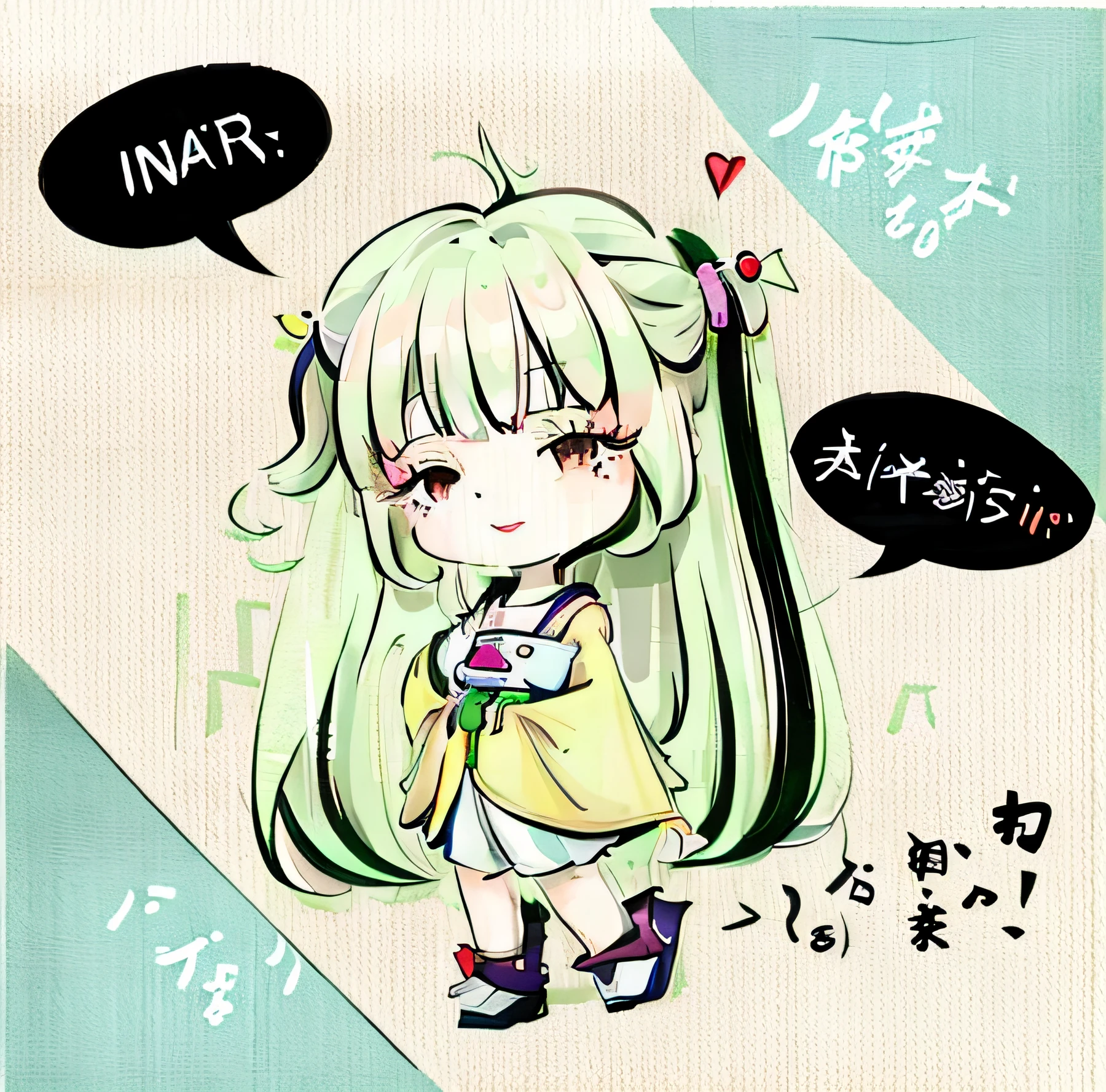 A caricature of a girl with green hair and speech bubbles, INFP Girl, Pisif, at pixiv, INFP young woman, with index finger, ¯_(ツ)_/¯, in an anime style,, In a Japanese anime style