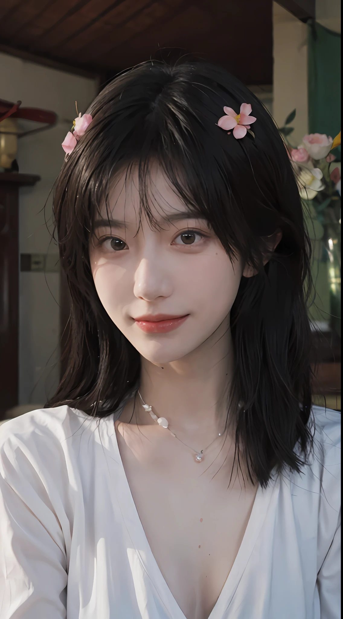 best qualtiy, 超高分辨率, (realisticlying:1.4),cute hairpin,Baoyu Girl,European style apartment,(flatchest:1.2) ,A pair of clear and moving peach blossom eyes,Royal Sister,sunshine on face,Big waves,(choker necklace:1.2),(Fair skin:1.4),a sense of atmosphere,a beauty girl, ssmile,head straight-looking at viewer, closeup cleavage ,(Photorealistic:1.4),1girll,Sexy,(Upper body:1.4),(Wet body),(:1.2)