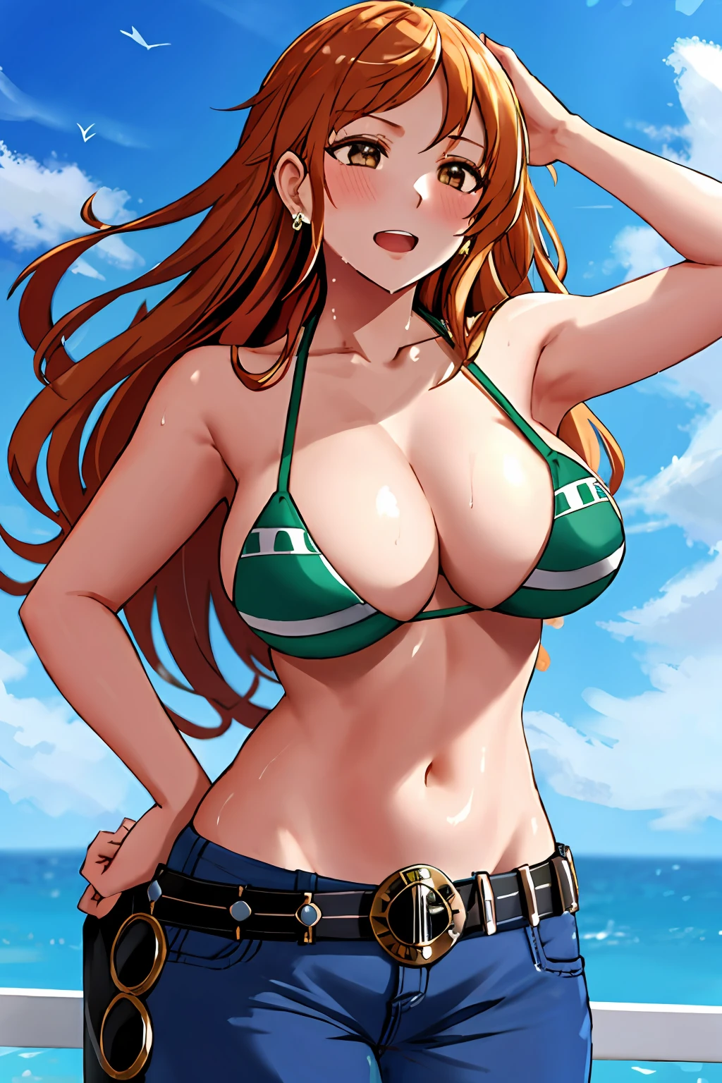 detailed background, masterpiece, 4k, best quality, late youth, adult, wrestler body, 1girl, active, energic, uppercut, (large mouth) , solo, nami \(one piece\), 1girl, bangle, (very wet, drenched in sweat, sweat all over body, very wet hair, tired, taking breath, open mouth, hand on stomach, sweaty face, sweaty body, panting, sweating too much, shiny sweat, leaning, hands on hips), perfect detailed face, bold drawing lines, muscular arms, detailed bold arm lines, flat jaw, adult woman, wavy wide streaked bangs, floating bang streaks, (big cheeks), bare shoulders, off-shoulders, belt, bikini, bikini top only, blue sky, bracelet, springy breasts, breast lines, big round eyes, very big brown shiny eyes, bubbles, high eye position, cleavage, cloud, day, denim, earrings, floating hair, shiny hair, green belt, green bikini, bold groin lines, jeans, jewelry, medium breasts, log pose, long hair, looking at viewer, navel, wet hair, orange hair, pants, shoulder tattoo, sidelocks, sky, solo, standing, stomach, swimsuit, tattoo , looking at viewer, open mouth, detailed left arm, big forehead, hourglass figure, small head, toned body, wide hair, wind effect, sun effect, under the sun, narrow small ears angle, older, random poses,