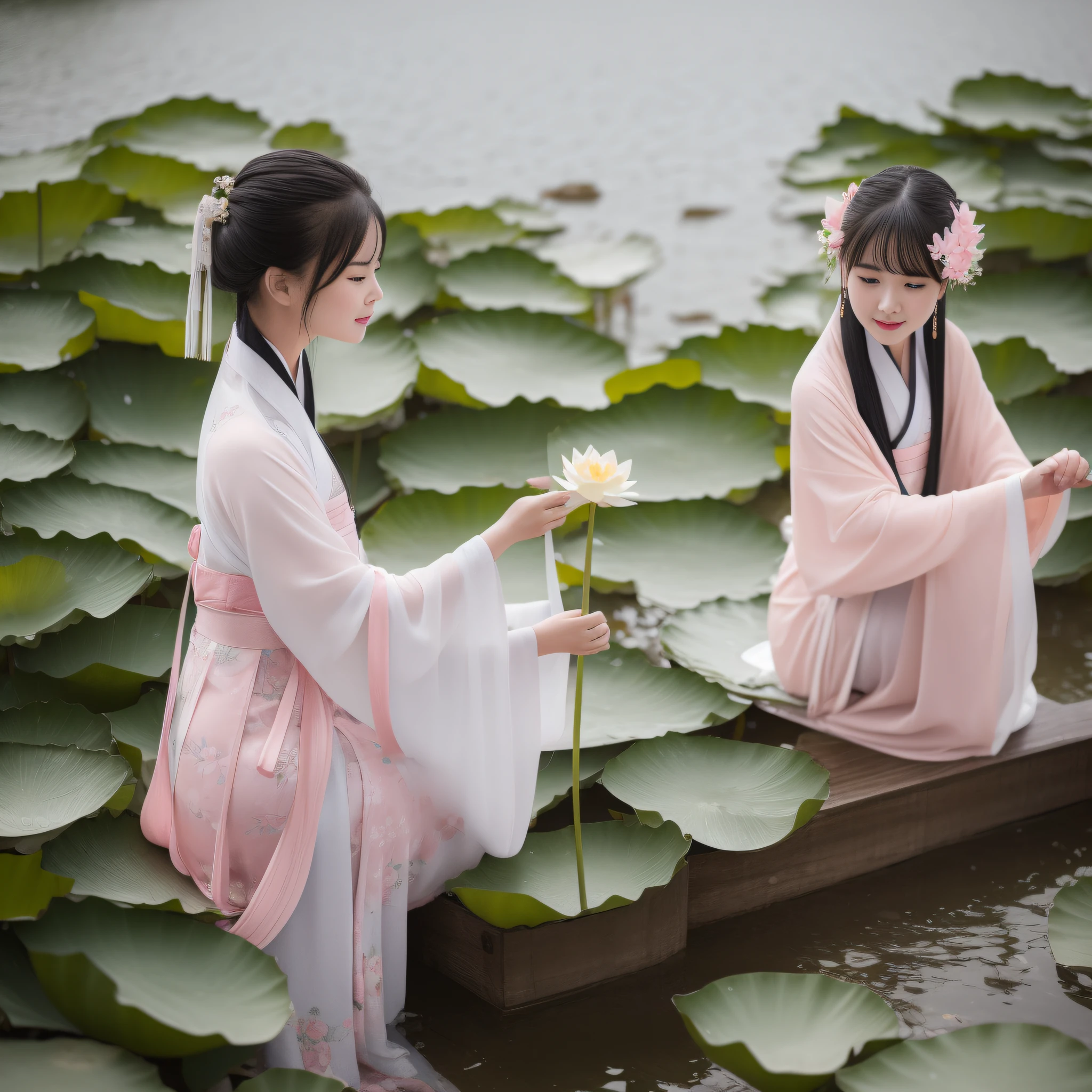 On a rainy day,Hanfu woman standing on the shore picking lotus flowers,Next to her, Another woman held an umbrella for her。