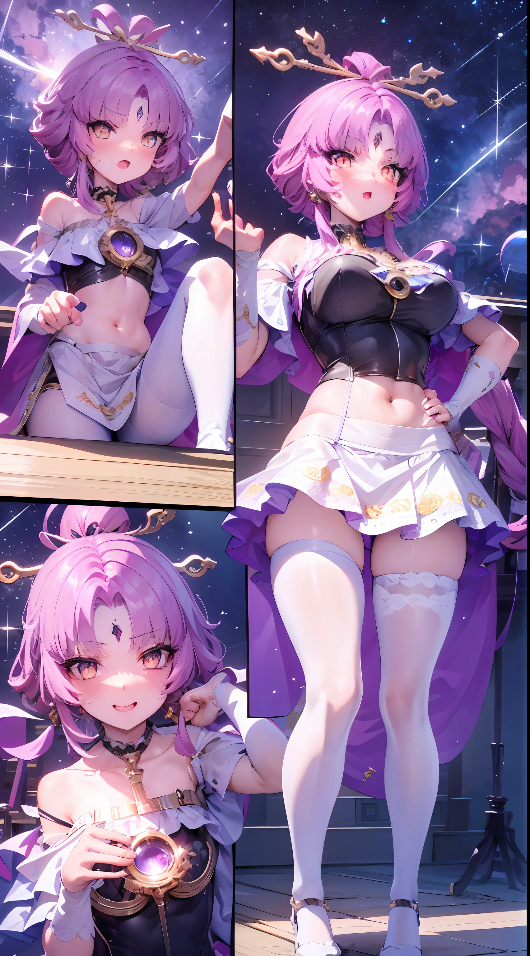 (tmasterpiece:1.2),Best quality at best,perfect anatomia,The is very detailed,1girll,Solo, A high resolution,absurderes,tmasterpiece,looking at viewert,Character Spotlight,A pink-haired,Golden eyes,short skirt,singers,Stage,Above is the starry sky,Hold the microphone,sing,Huge led screen,Happy expression