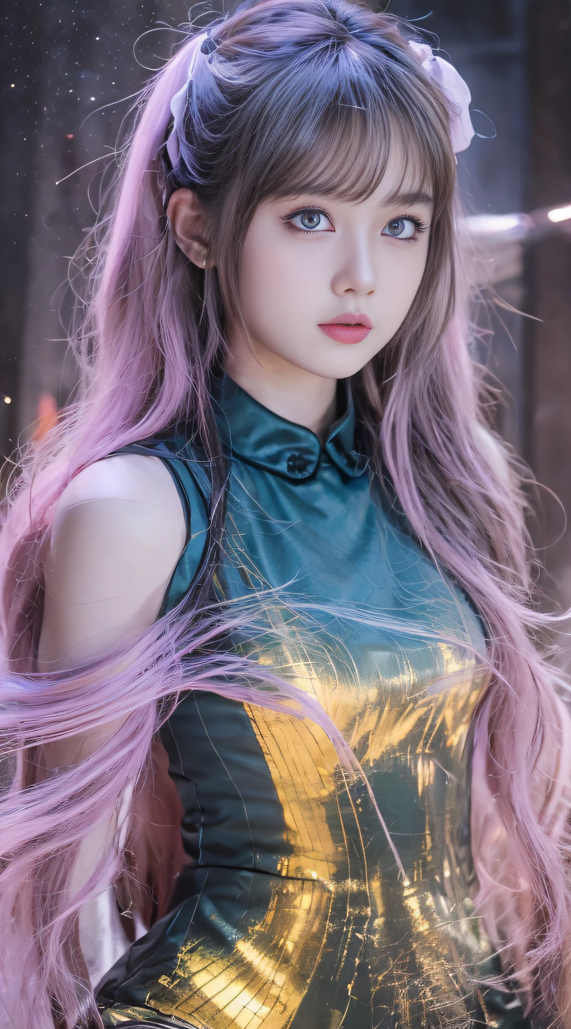 Background: Mysterious quantum environment, Cosmic elements and ethereal atmosphere,A mix of bright lights and colorful nebulae. Theme: A mysterious girl with a magical aura. She has long, Colorful wavy curls, The shiny hair stands out. His eyes are deep and expressive, Reflection Universe. She wore a flowing dress in purple and blue, With intricate details and mysterious textures. Color Palette: A combination of mysterious shades such as cosmic purple, Sky blue, Soft pink and a touch of gold. Create contrasts, Increase depth, Dark color, Such as dark purple or night blue. Aesthetics: The aesthetic combines elements of Mistycore, Known for its mysterious and ethereal atmosphere, and crystal cores, With its crystal clarity and sparkling details. The girl exudes magical energy,Her presence hangs over her,mesmerising. Covered with: Keep subtle glowing effects and glitter overlays around the girl, Covered with: Add a soft glow effect around the girl and crystal, It seems to exude magic. Also, Add small details of flash,Enhance the ethereal atmosphere.