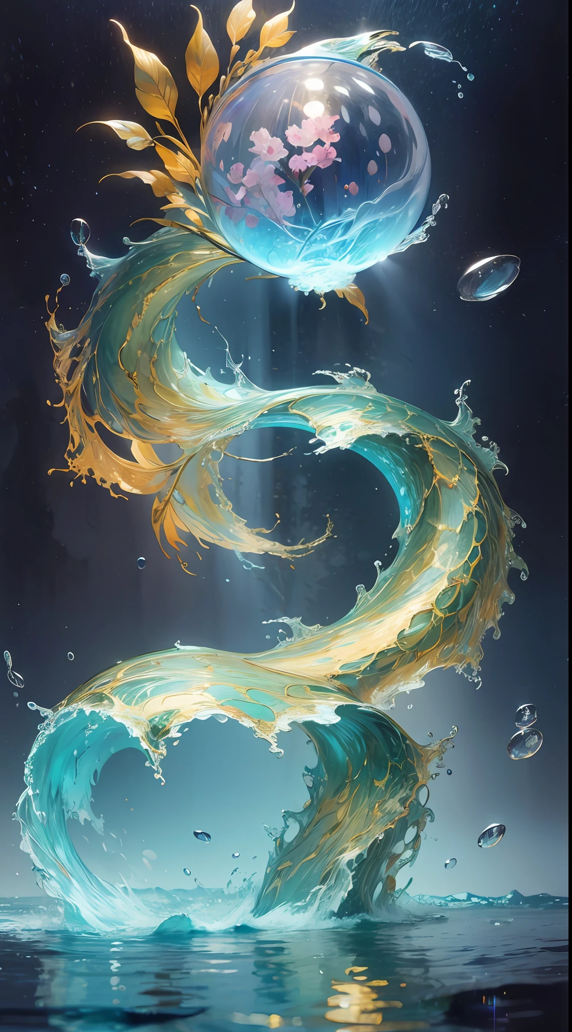 Kizi,((water sphere)),Wearing a Tang costume,Golden,((rainbowing)),water elemental,((vivd colour)),Water quality sense,Magical Circle,water sphere,water dragon,(((Kizi))),Textures are diverse, chinese dragon concept art, Anime art wallpaper 8 K, anime artsyle, Detailed anime artwork,Epic composition,Realistic lighting,high definition detail,tmasterpiece,Best quality,