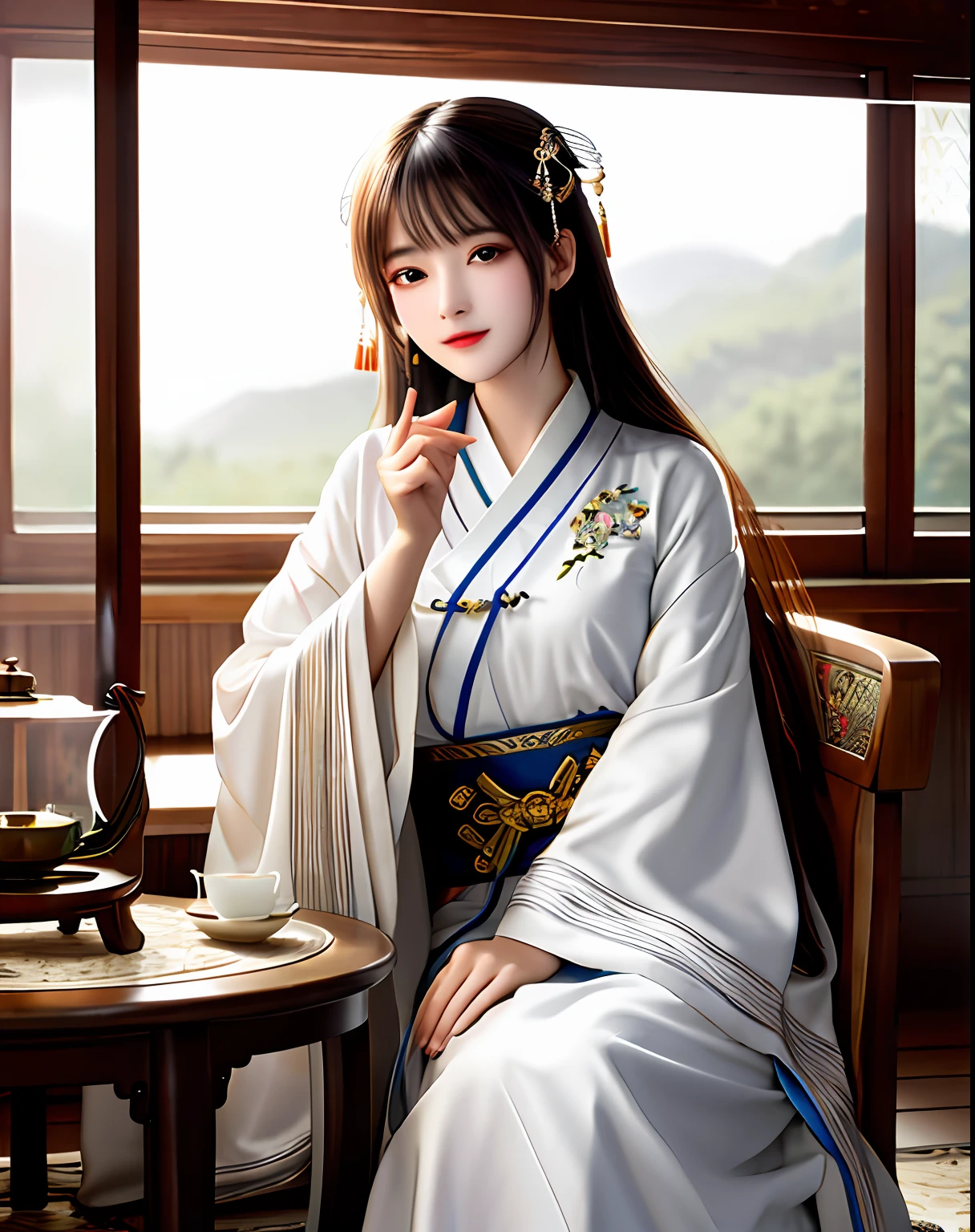 Best quality, Masterpiece, A high resolution, 1girll,Beautiful face,Chinese clothes,White Taoist robes,Being in the room,Drinking tea,censer,bookcase,oil lamp,Warm light
