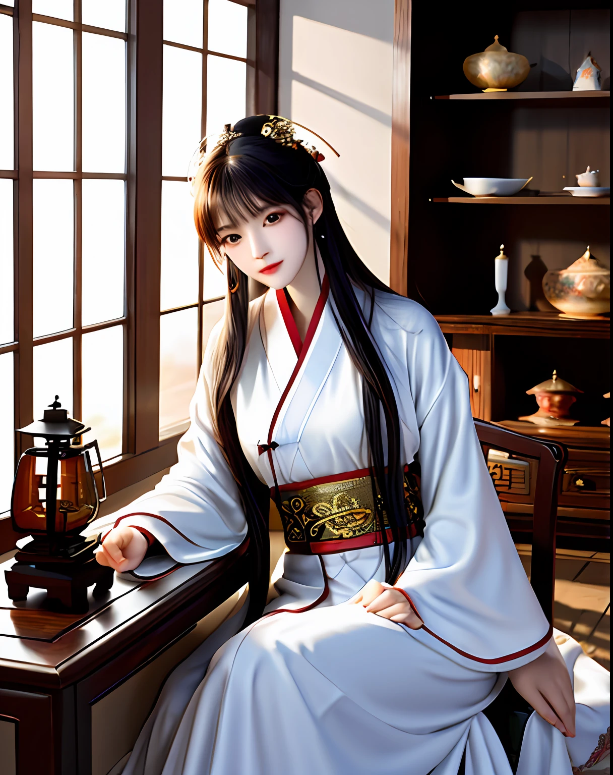 Best quality, Masterpiece, A high resolution, 1girll,Beautiful face,Chinese clothes,White Taoist robes,Being in the room,Drinking tea,censer,bookcase,oil lamp,Warm light