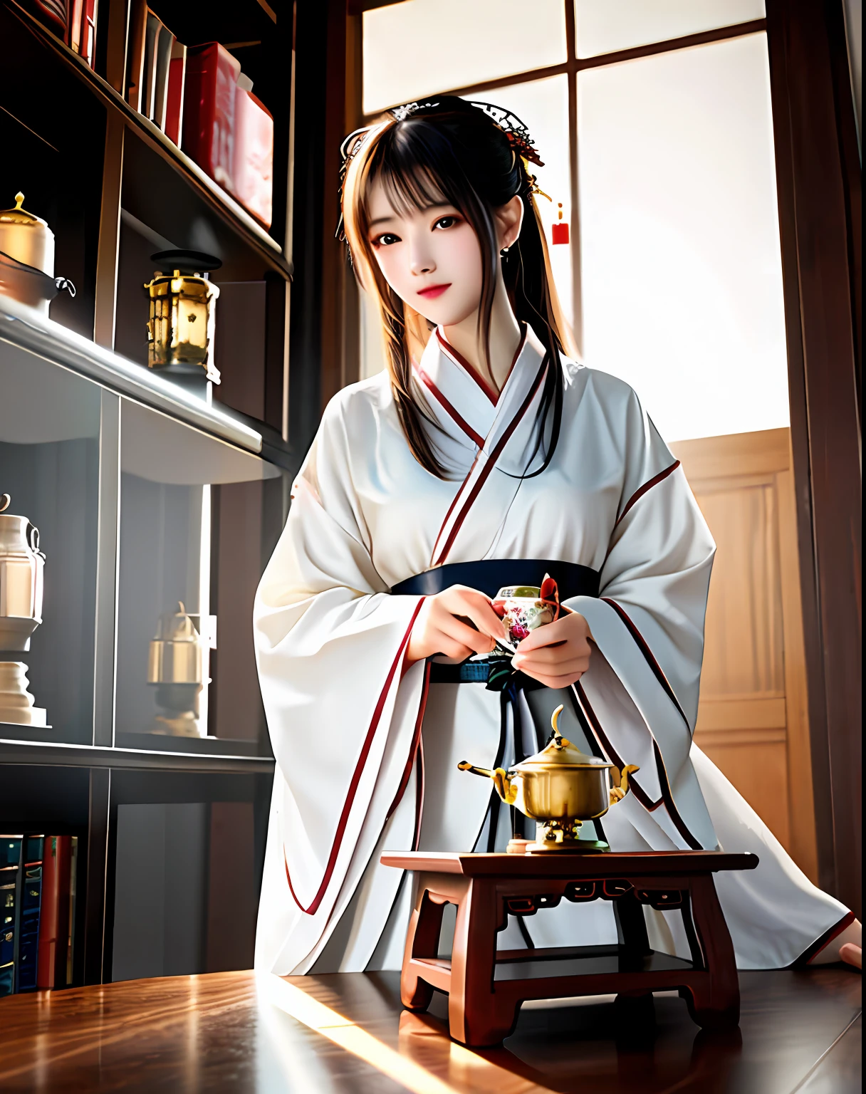 Best quality, Masterpiece, A high resolution, 1girll,Beautiful face,Chinese clothes,White Taoist robes,Being in the room,Drinking tea,censer,bookcase,oil lamp,Warm light