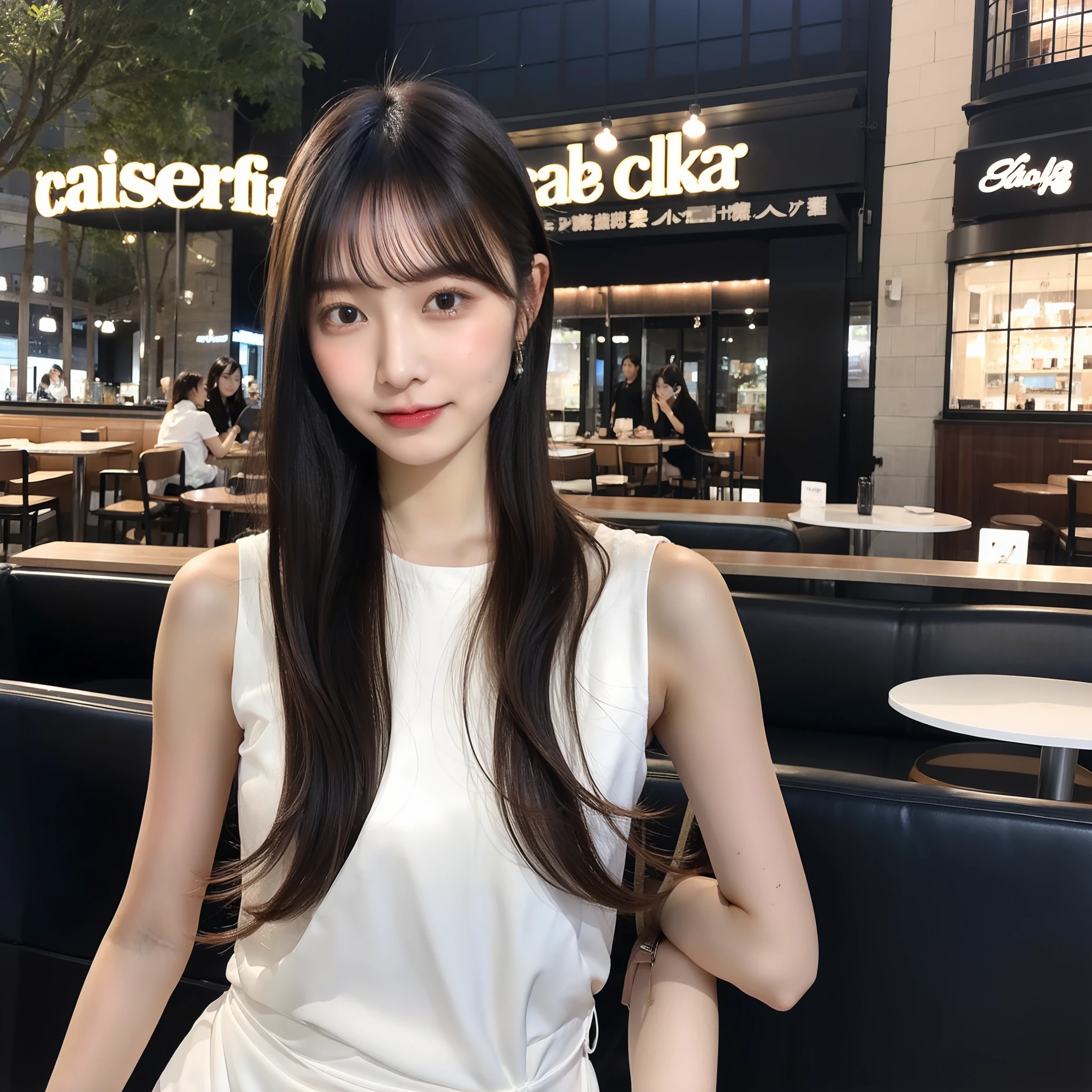 A Japanese Lady　24 year old　Slender and good style　fair white skin　She has fashionable beautiful long straight hair.　Dark Blue Plain Sleeveless Long Dress　Stylish braided sandals　Walk in front of a fashionable café　Cafe lights come on at dusk　Alone in a café