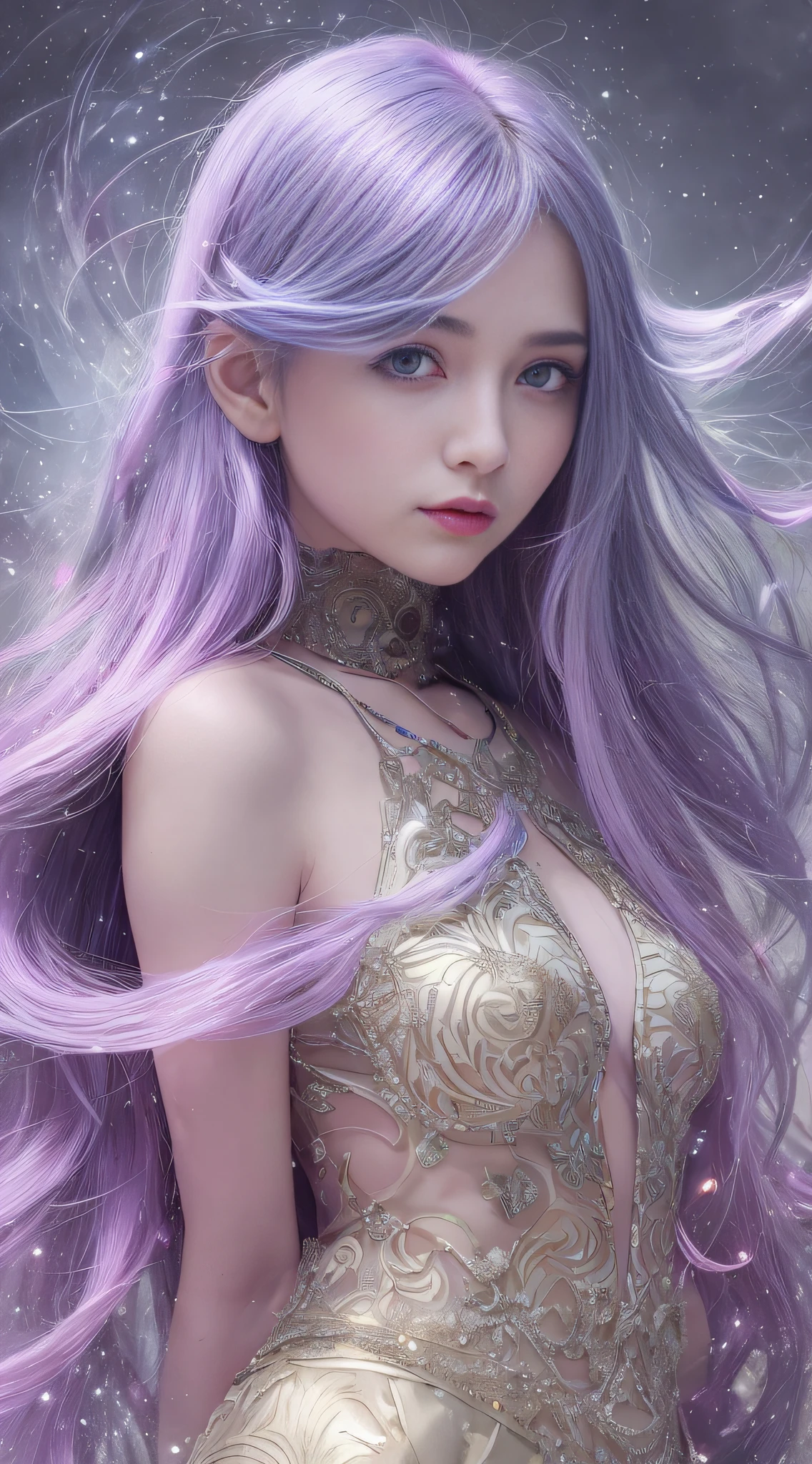 Background: Mysterious quantum environment, Cosmic elements and ethereal atmosphere，A mix of bright lights and colorful nebulae. Theme: A mysterious girl with a magical aura. She has long, Colorful wavy curls, The shiny hair stands out. His eyes are deep and expressive, Reflection Universe. She wore a flowing dress in purple and blue, With intricate details and mysterious textures. Color Palette: A combination of mysterious shades such as cosmic purple, Sky blue, Soft pink and a touch of gold. Create contrasts, Increase depth, Dark color, Such as dark purple or night blue. Aesthetics: The aesthetic combines elements of Mistycore, Known for its mysterious and ethereal atmosphere, and crystal cores, With its crystal clarity and sparkling details. The girl exudes magical energy，Her presence hangs over her，mesmerising. Covered with: Keep subtle glowing effects and glitter overlays around the girl, Covered with: Add a soft glow effect around the girl and crystal, It seems to exude magic. Also, Add small details of flash，Enhance the ethereal atmosphere.