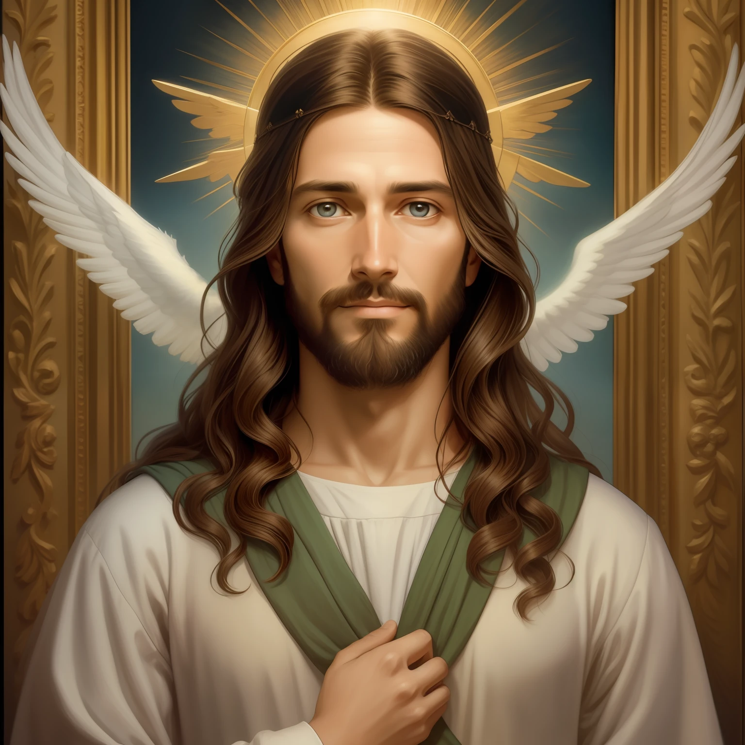 A beautiful ultra-thin realistic portrait of Jesus, the prophet, a man 34 years old Hebrew brunette, short brown hair, long brown beard, with, wearing long linen tunic closed on the chest part, in front view, full body, biblical, realistic,by Diego Velázquez,Peter Paul Rubens,Rembrandt,Alex Ross,8k, Concept Art, PhotoRealistic, Realistic,  Illustration, Oil Painting, Surrealism, HyperRealistic, Digital art, style, watercolor 
a 3D Realistic of jesus with a halo in the sky, jesus christ, smiling in heaven, portrait of jesus christ, jesus face, 33 young almighty god, portrait of a heavenly god, greg olsen, gigachad jesus, jesus of nazareth, jesus, the face of god, god looking at me, he is greeting you warmly, he is happy, avatar image