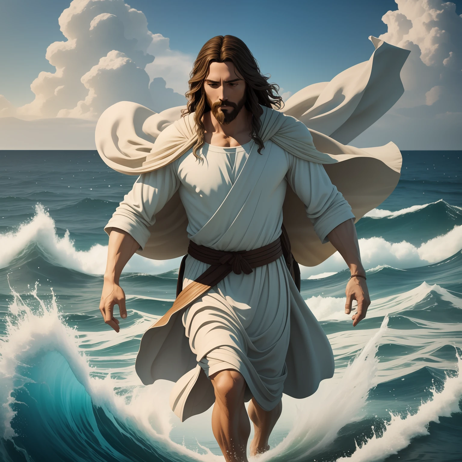 Jesus walking on water with a flying cloud in the background, Jesus walking on water, biblical illustration, epic biblical representation, forcing him to flee, coming out of the ocean, ! holding in hand!, disembarking, god of the ocean, beautiful representation, 8k 3D Model, realistic