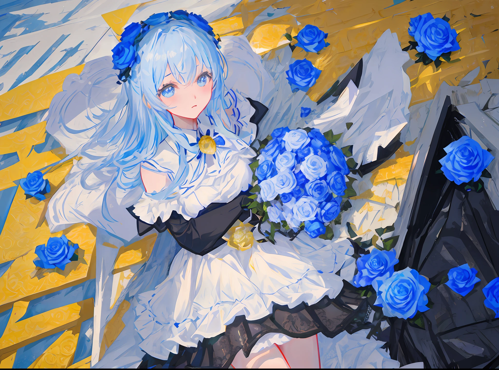 Bouquet of roses　Bouquet of blue roses　Yellow rose flowers、realisitic、photo-like、high-level image quality、ren、