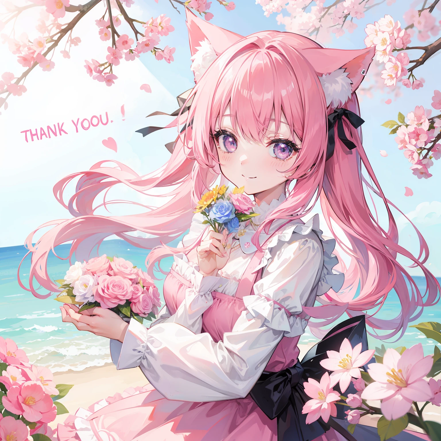 Pink hair、Cat's ears、kawaii、A smile、girl with、appreciate、Thank you、Flowers fluttering