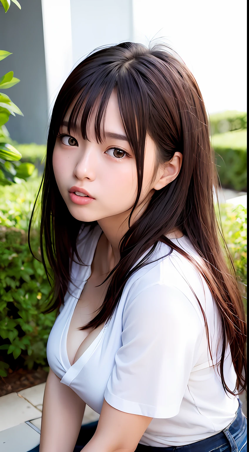 top-quality、超A high resolution、(Photorealsitic:1.4)、8K分辨率、1girl in、(Brown random hair:1.3)、(Realistic hair:1.2)、(a Korean girl:1.2)、(realisticeyes:1.2)、(beautiful countenance) :1.3)、the perfect body、de pele branca、large full breasts、Valley、(Opening of the mouth and tongue:1.2)、(upper angle:1.3)、(Wet T-back:1.2)、tired expression、(White shirt:1.3)、Wearing a shirt、