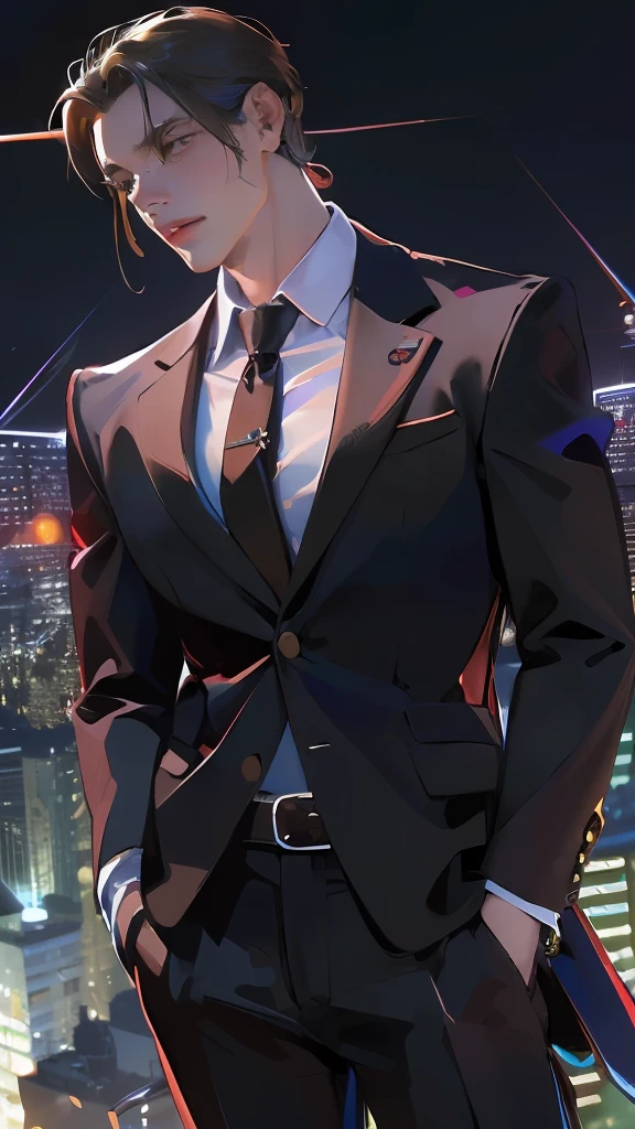 (absurdres, highres, ultra detailed, realistic, ), 1 male, solo, adult, mature, tall muscular guy, broad shoulders, handsome, very short hair, black hair, brown eyes, angular jaw, thick neck, thick eyebrows, night, dark, the night view of the city background, formal suit, necktie, upper body