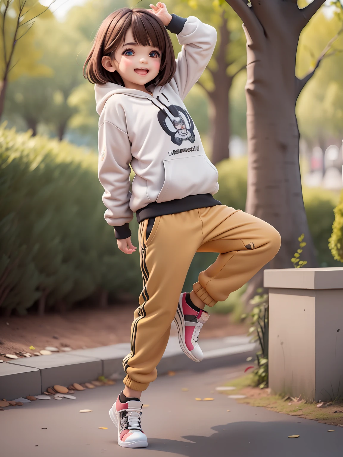(masterpiece),(best quality),(ultra-detailed), (full body:1.2), a boy, chibi, cute, smile, open mouth, outdoors, dancing, dancing hip hop, jumping pose, hoodie, blush, tree, :3, shirt, short hair, brown hair, blush stripes stickers, long sleeves, black hair, sneakers, pants, (beautiful detailed face), (beautiful detailed eyes),