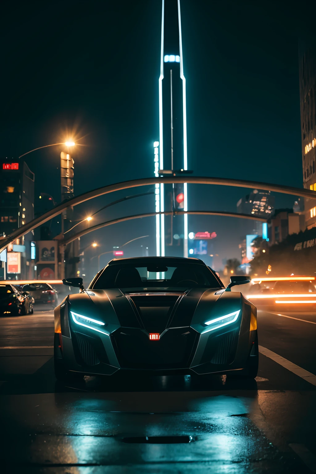 hyper realistic,metal,professional photo of a futuristic muscle car with multiple modifications, large wheels, driving, cybernetic hood, cyber car parts, front pop up headlights, science fiction, sci-fi scenario, (night), natural light, cyberpunk, futuristic city, cyberpunk city, neon signs, highly detailed, (highly detailed background), multiple buildings in the background, detailed textures, wide angle, 8k, HDR, professional photoshoot, high quality photo, realistic photo, realistic shadows, detailed shadows, realistic proportions,film grain, raw photo,(front),