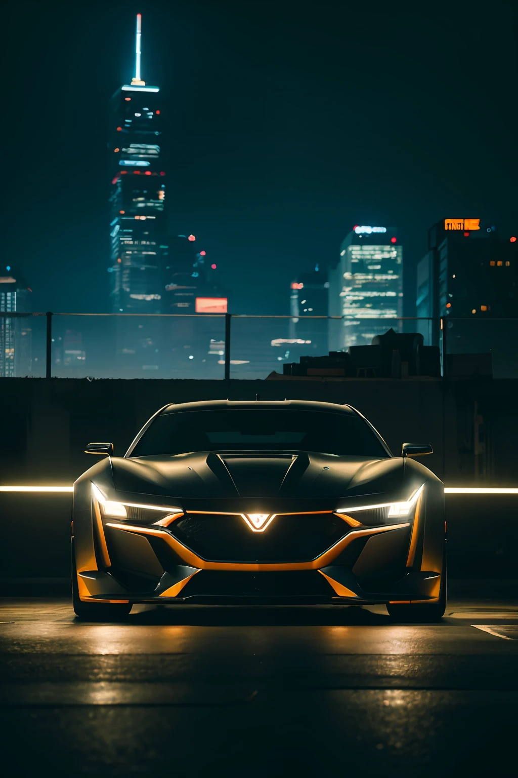 hyper realistic,metal,professional photo of a futuristic muscle car with multiple modifications, large wheels, driving, cybernetic hood, cyber car parts, front pop up headlights, science fiction, sci-fi scenario, (night), natural light, cyberpunk, futuristic city, cyberpunk city, neon signs, highly detailed, (highly detailed background), multiple buildings in the background, detailed textures, wide angle, 8k, HDR, professional photoshoot, high quality photo, realistic photo, realistic shadows, detailed shadows, realistic proportions,film grain, raw photo,(front),