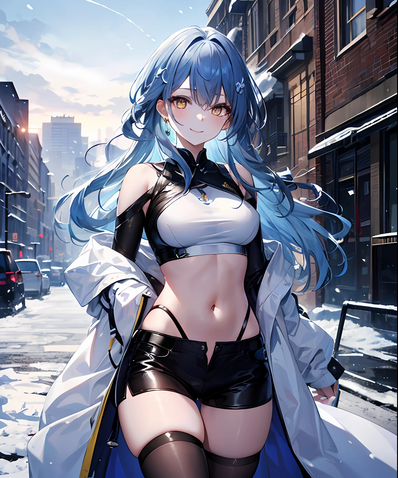 (​masterpiece、top-quality)、独奏、1womanl、Longhaire、Light blue hair、Yellow eyes、A smile、Navel dashi、T-shirt with navel、Skin wiping action、White skin as clear as snow、Western-style cityscape